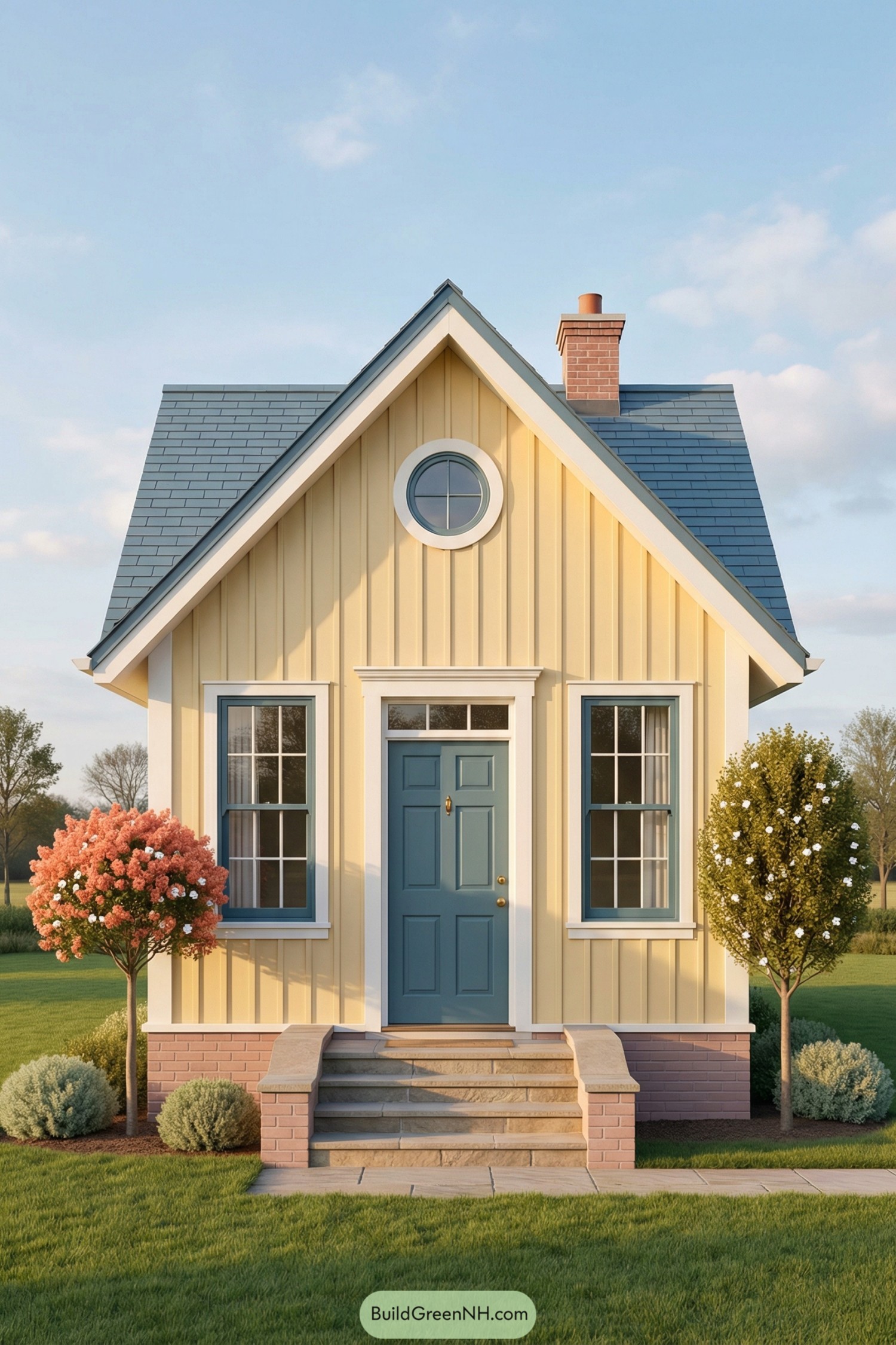 Small yellow cottage with blue roof, blue door, and neat front steps between two flowering trees