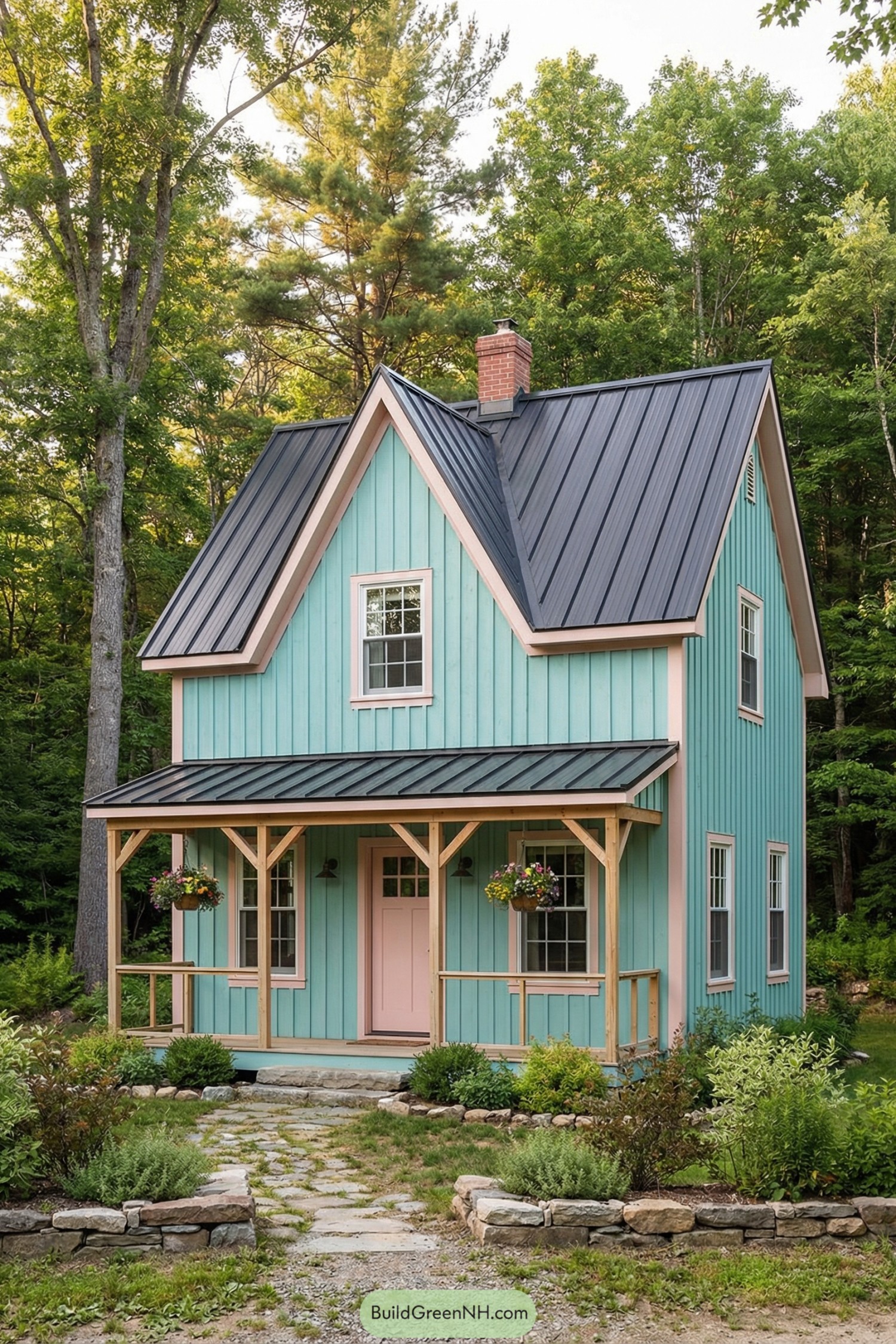 Small teal cottage with black metal roof, blush trim, and a simple front porch set in a wooded garden