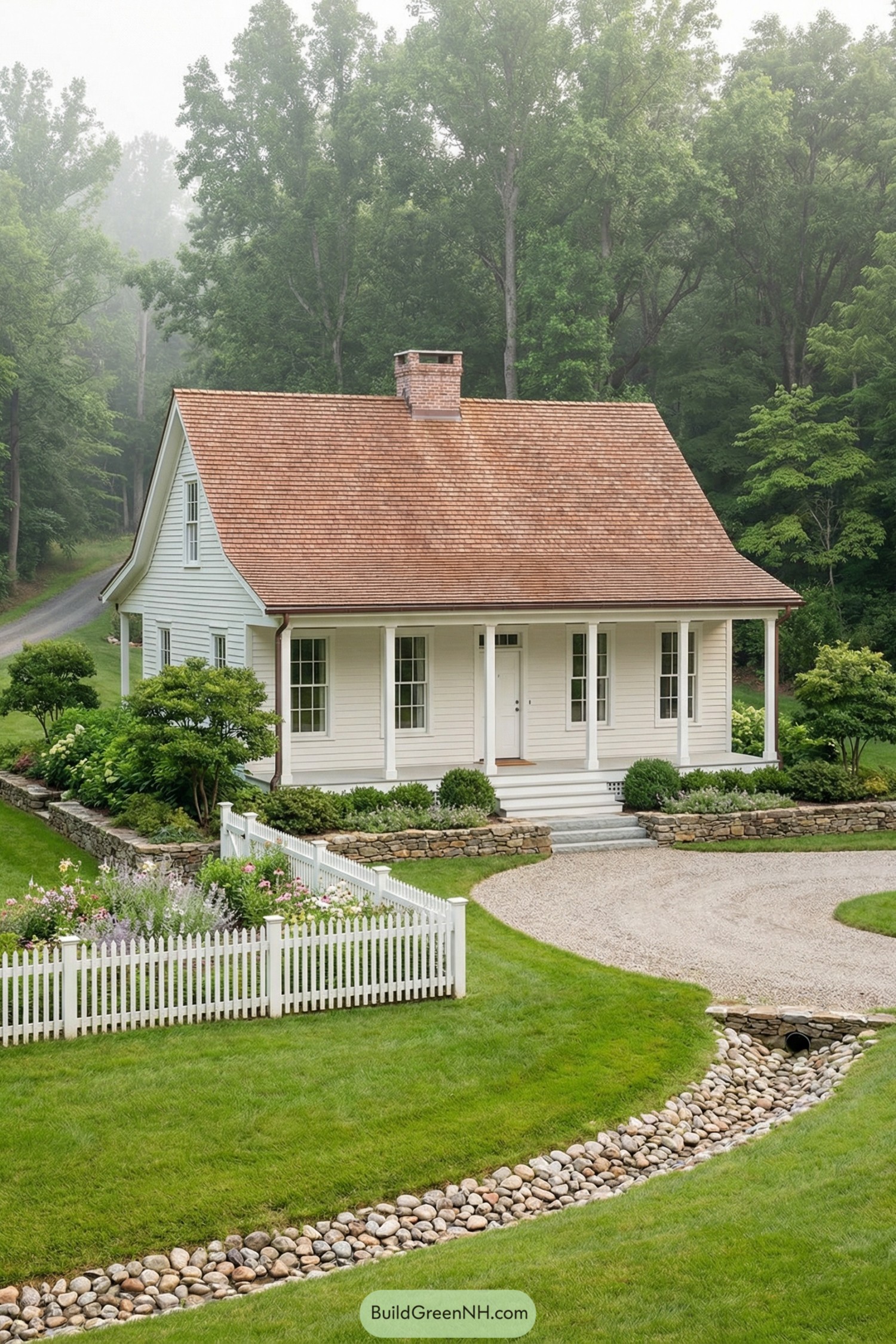 White cottage with cedar roof, wraparound porch, and picket fence set in lush green countryside