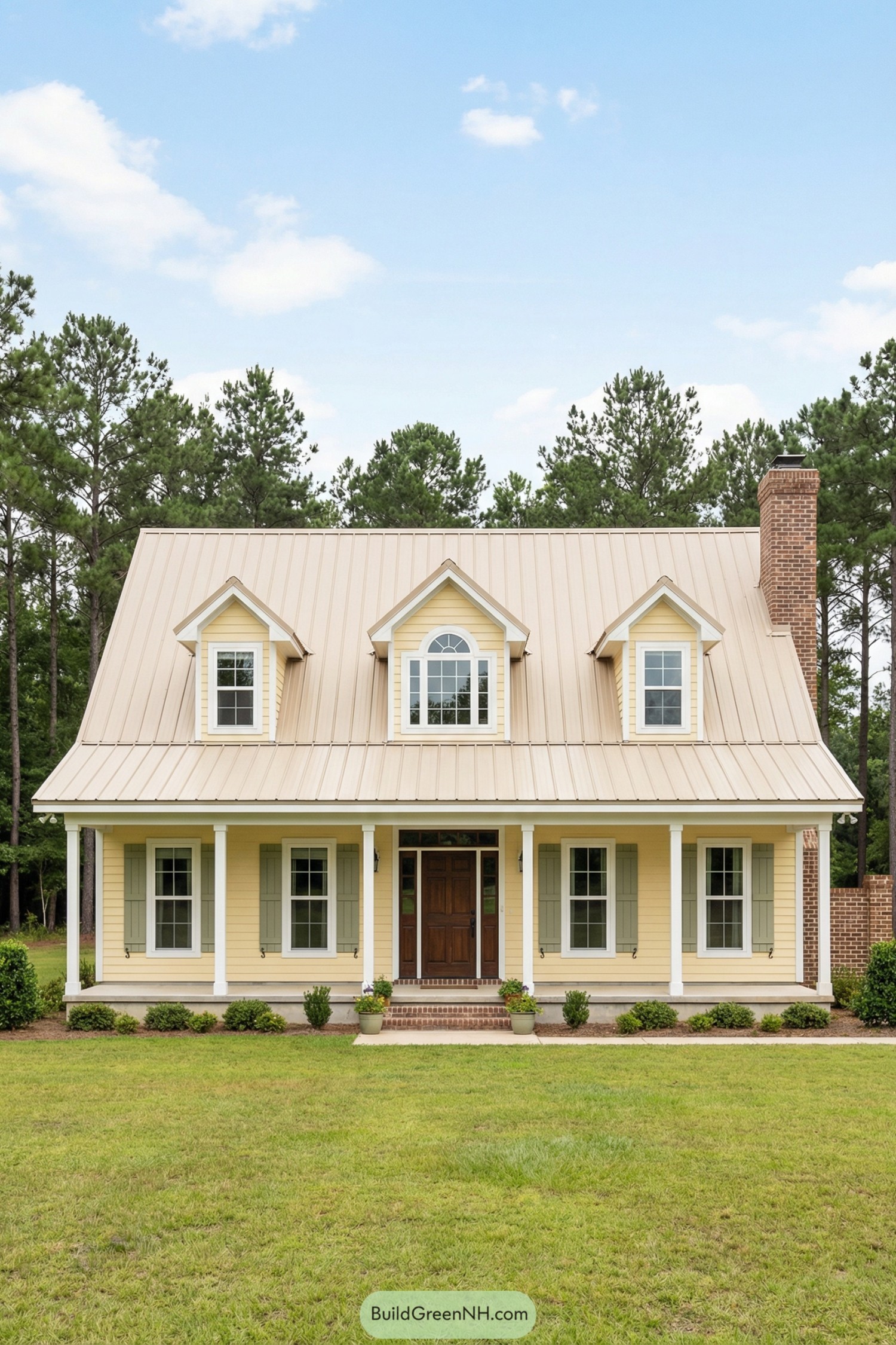 Yellow country house with metal roof and front porch