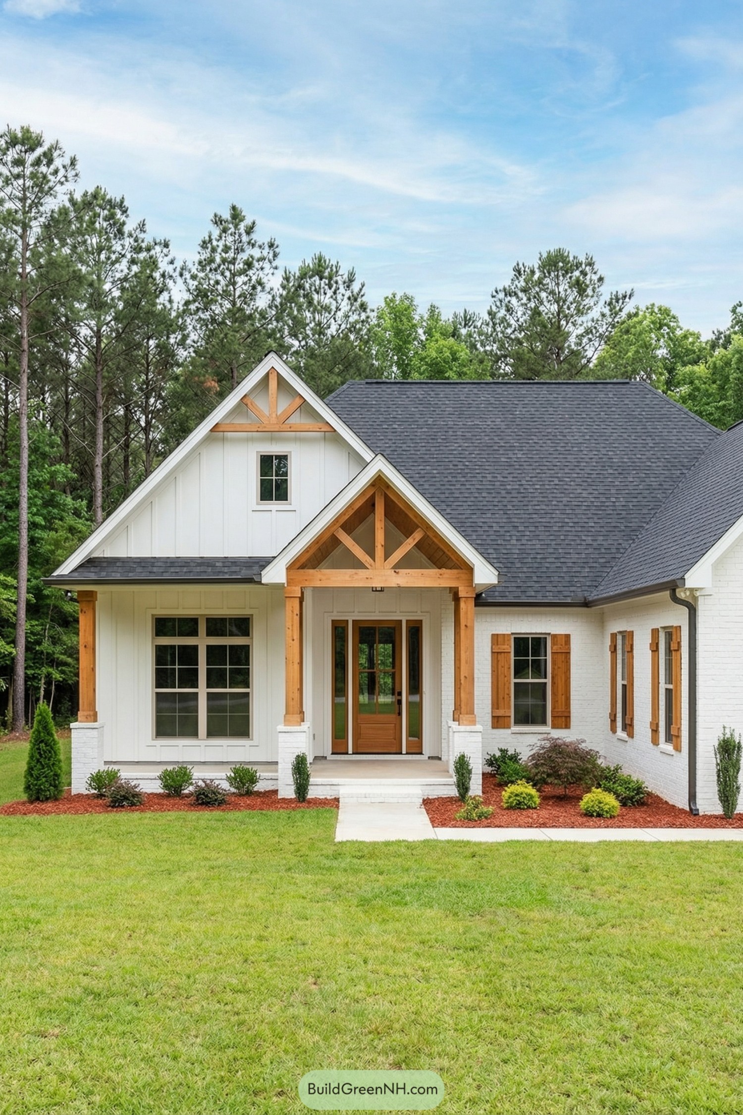 White farmhouse with wood accents and gabled porch in a green yard