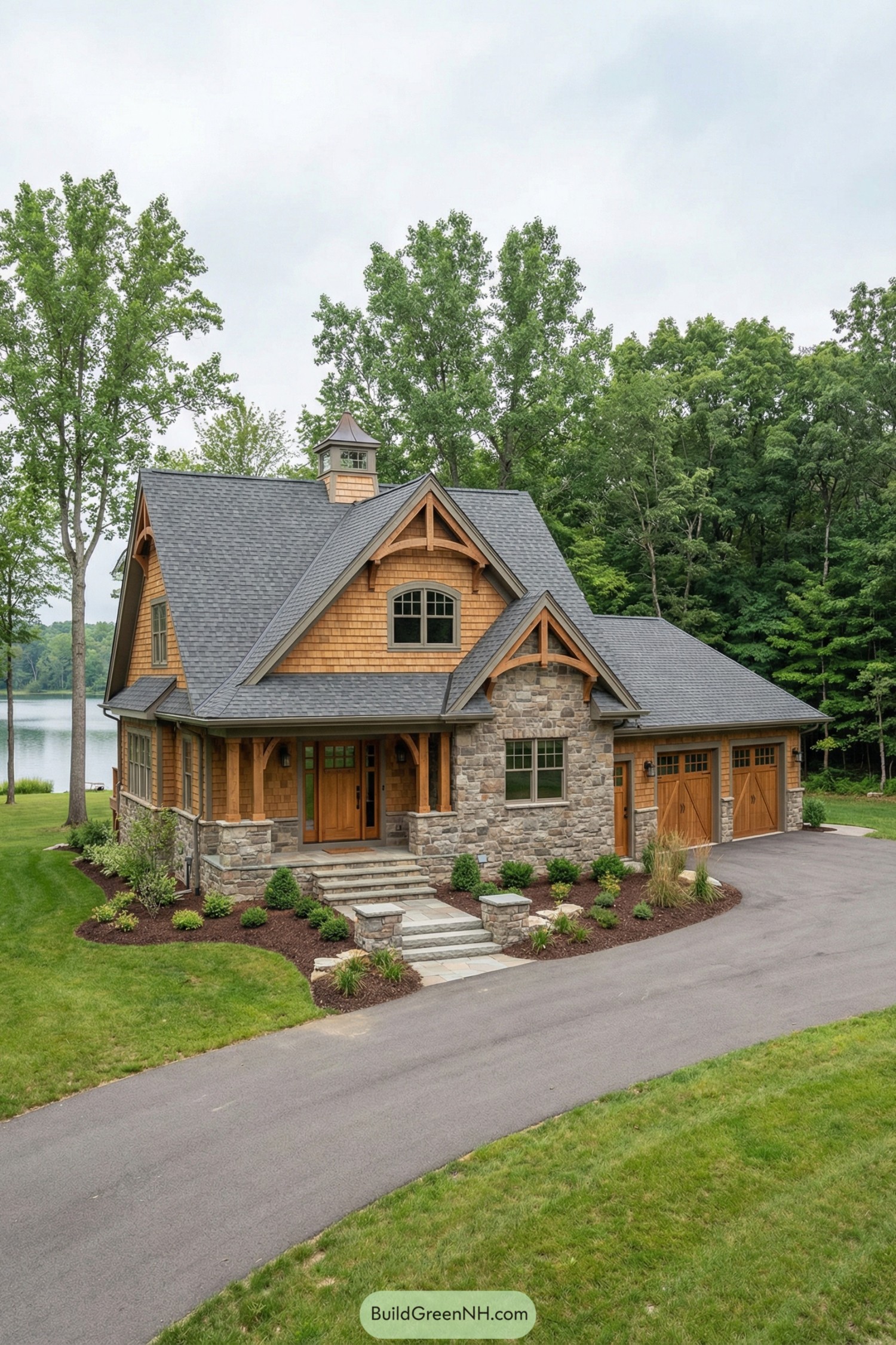 Warm stone and wood cottage with steep roof and attached three car garage by a lake