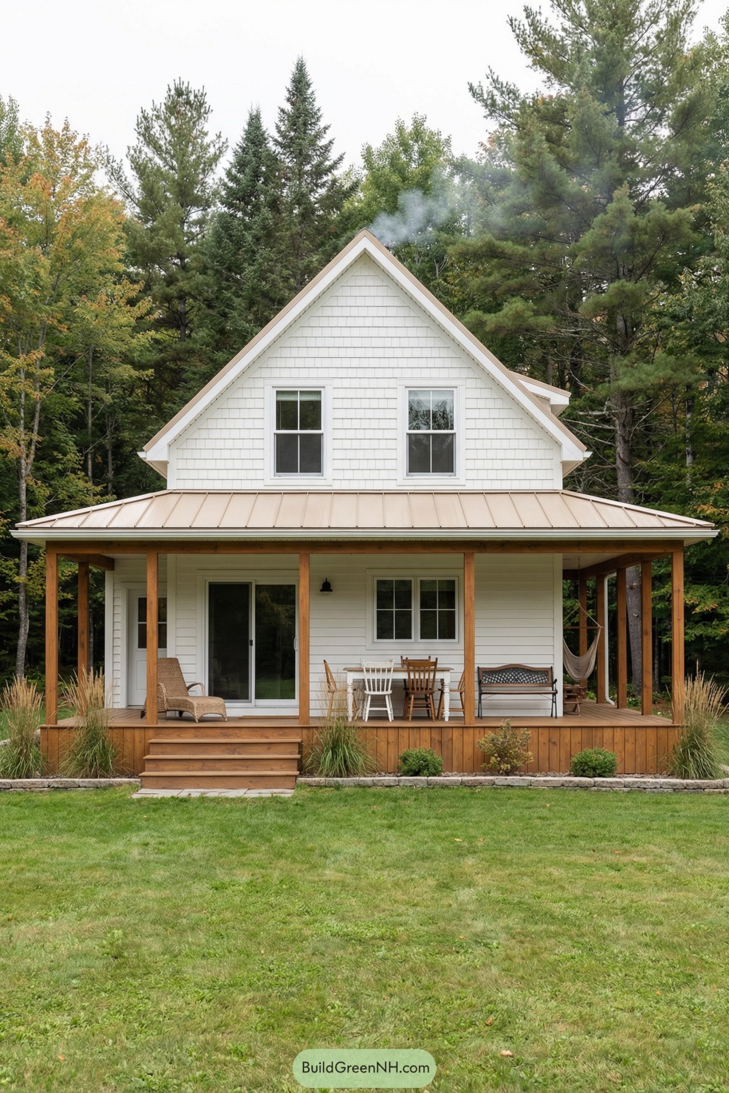 Cozy white cottage with wraparound wood porch in a forest setting