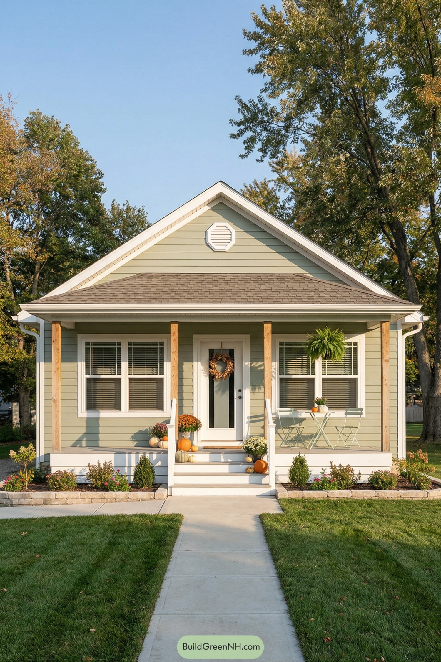 Small sage-green bungalow with front porch, white trim, and neat landscaping