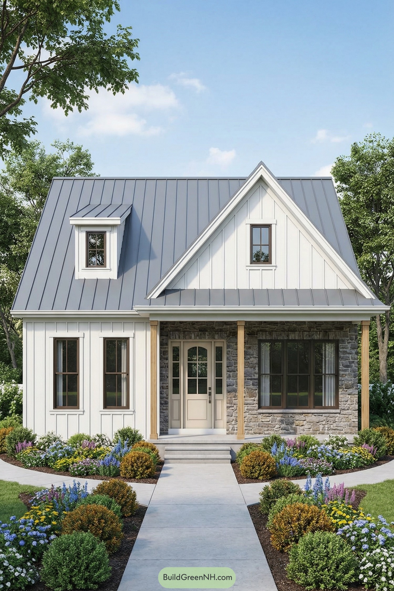 Compact white cottage with metal roof and stone front surrounded by colorful garden beds