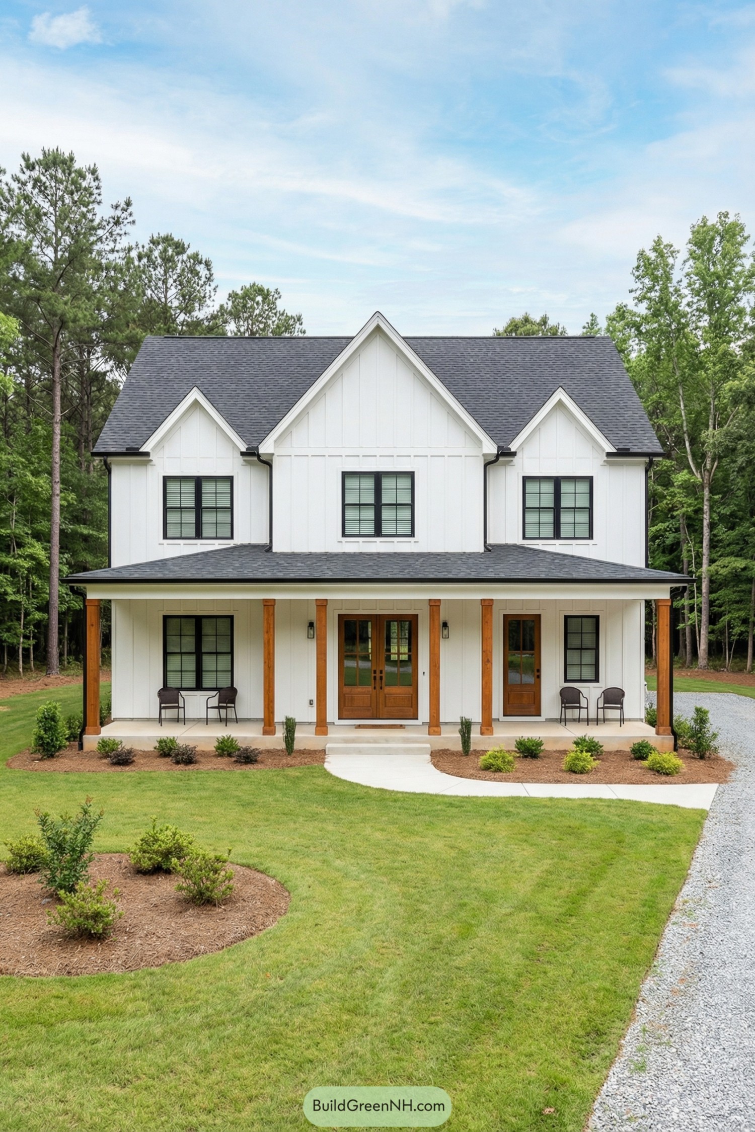 Two story white farmhouse with black roof and warm wood porch columns