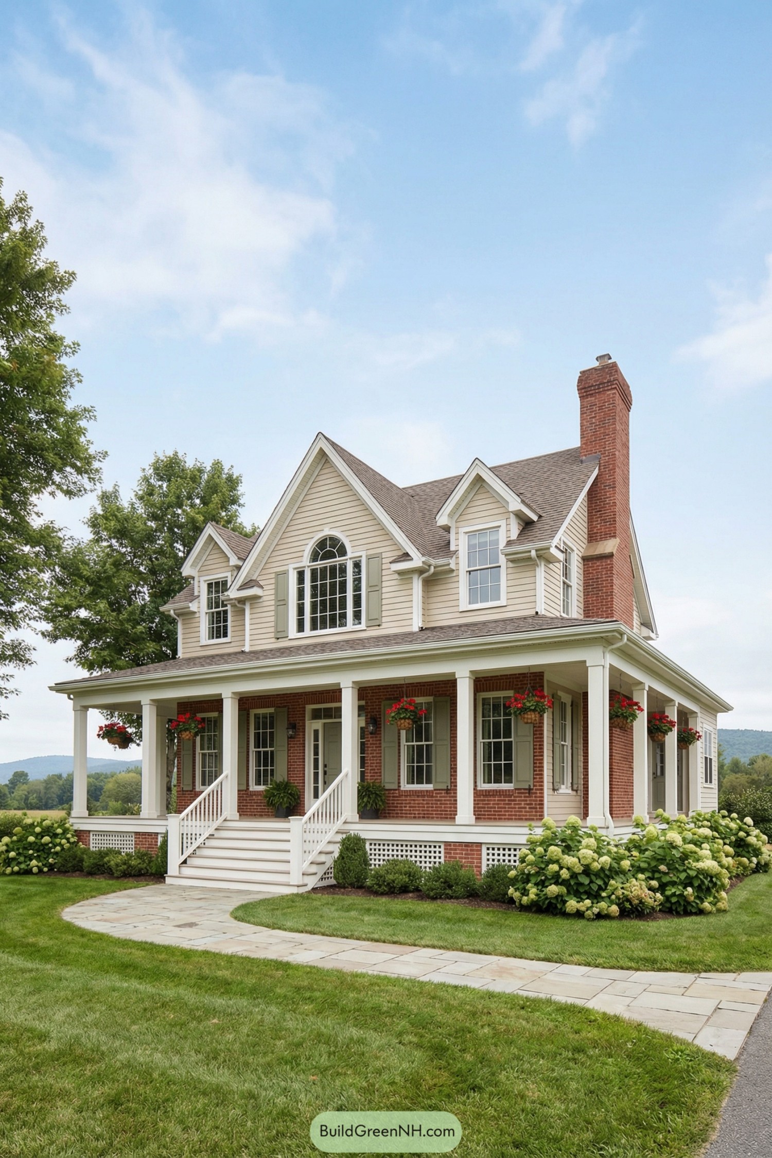 Two story brick and siding country house with wraparound porch and gabled roof. White columns, window boxes, and neat landscaping frame the front walk