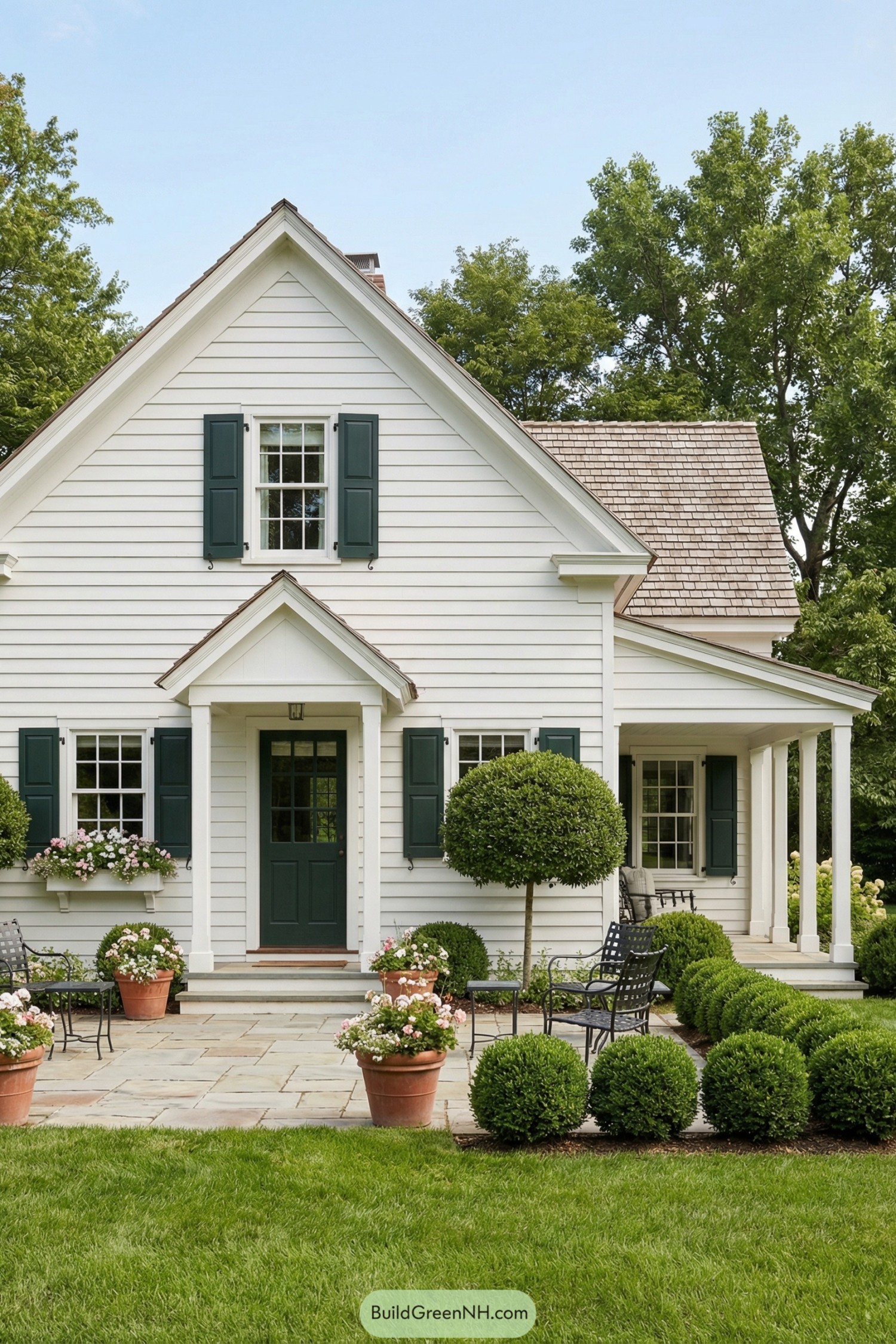 White cottage with green shutters, front patio, and lush formal garden