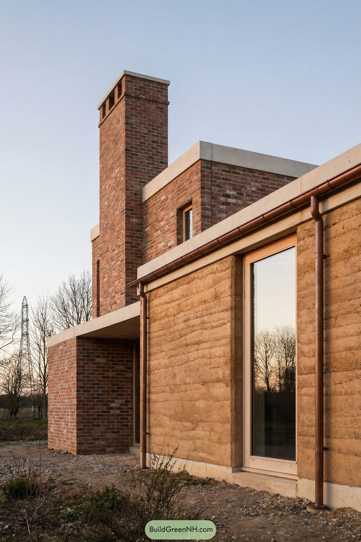 Rammed earth home exterior with tall brick chimney
