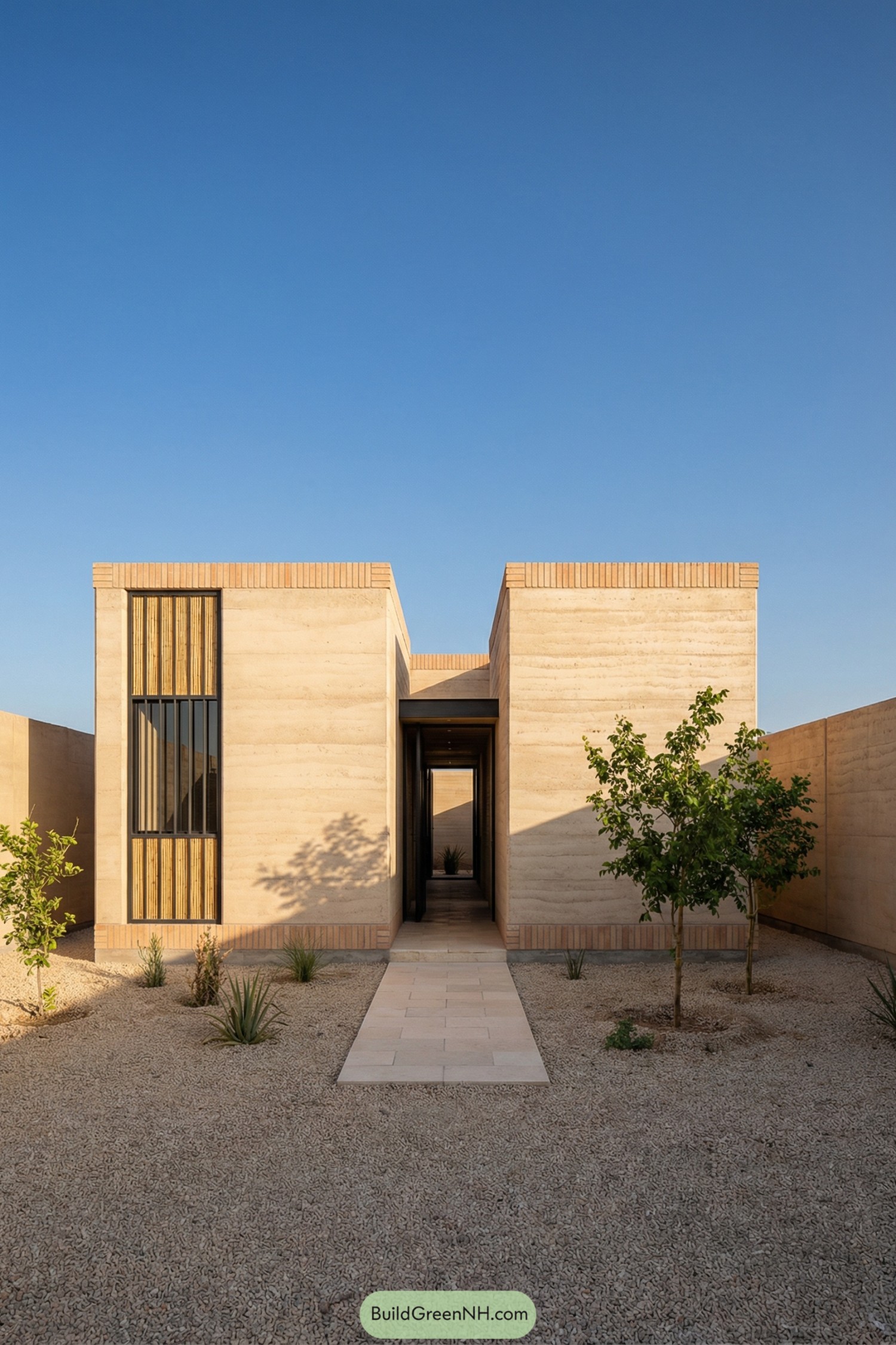 Rammed earth courtyard home with central framed passage and sparse desert landscaping