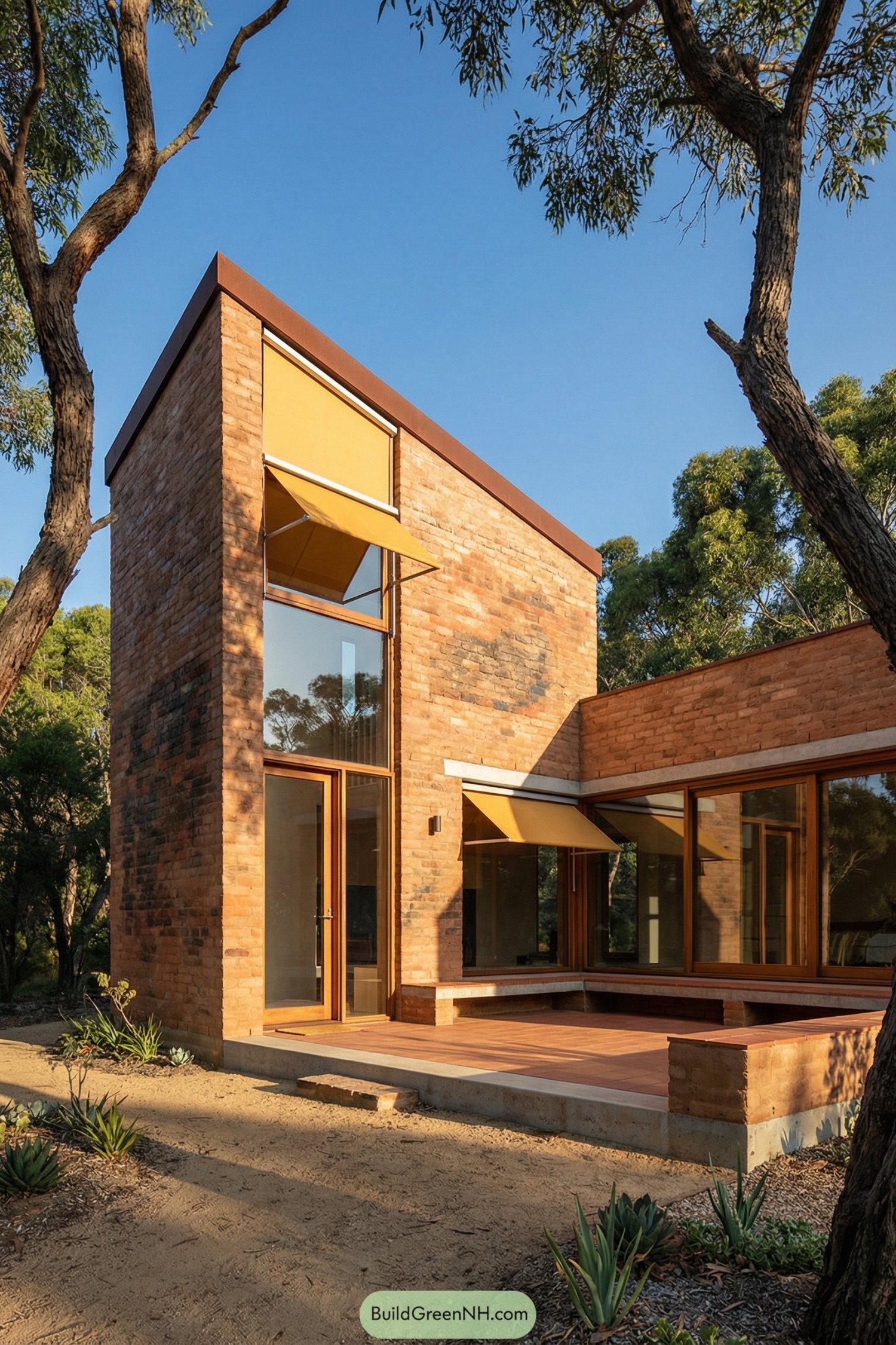 Tall brick house with yellow awnings and courtyard