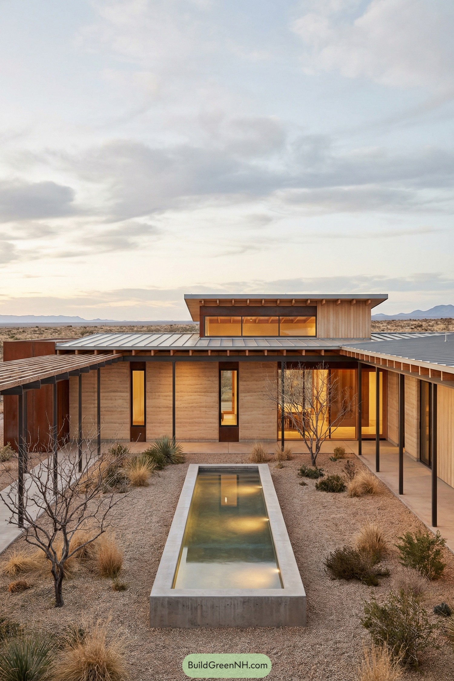 Long low rammed earth house with central reflecting pool in a desert courtyard