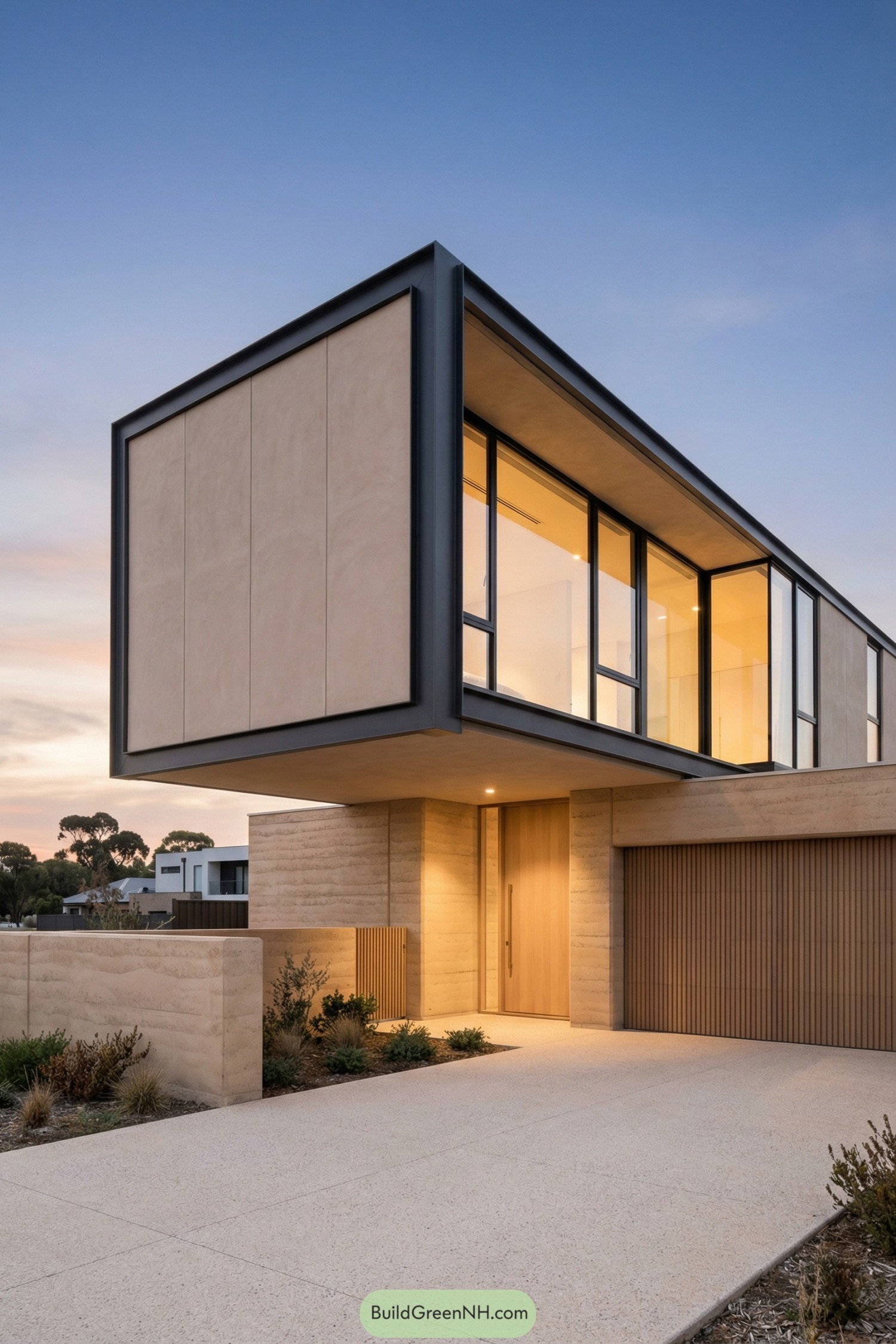 Modern rammed earth home with a cantilevered glass upper level and warm timber accents at sunset