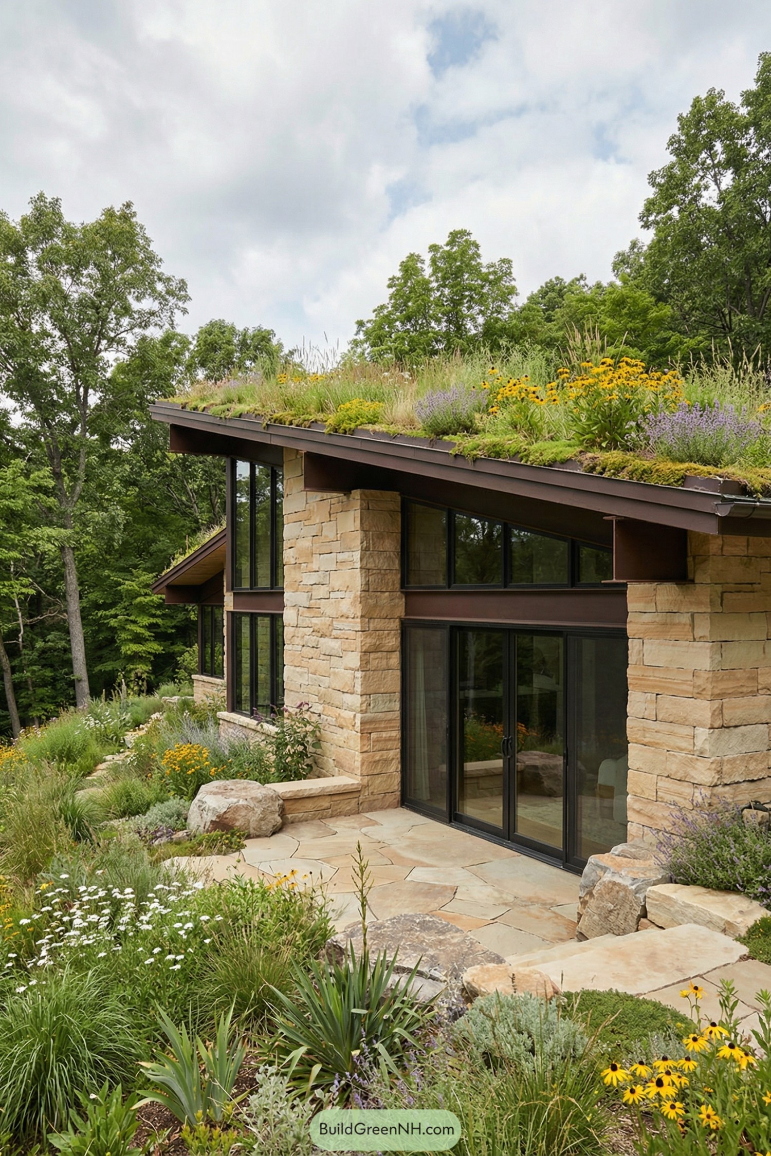 high-res photo of Earth Architecture house exterior, contemporary organic facade with stacked rectangular stone walls partially embedded into a steep vegetated slope, warm beige and sand-colored stone contrasted with dark brown structural beams and black window frames, elongated linear volume with sharply sloping roofline following the hillside contour, materials of the building include rough-cut sandstone blocks, exposed dark timber or steel rafters, and large glass panels, green roof style with thick soil and dense groundcover extending seamlessly from the hill over the roof plane, roof covered in mixed grasses, mosses, and low perennials with patches of wildflowers, floor-to-ceiling windows in wide vertical bays with slim dark mullions, sliding glass doors aligned with a narrow terrace, no visible ornamental frames, outdoor area formed by natural boulders and rock outcrops integrated into the slope, soft stone ledges and subtle level changes, lush landscaping with dense, layered plantings of native grasses, succulents, and flowering perennials in white, yellow, and purple tones cascading down the slope, irregular patches of bare rock and soil for a naturalistic look, surrounding background with mature green trees and partial sky, overall setting on a sunny, gently wooded hillside, single real-life photo, high-resolution, architectural photography, soft lighting, cinematic composition, strictly no collages.