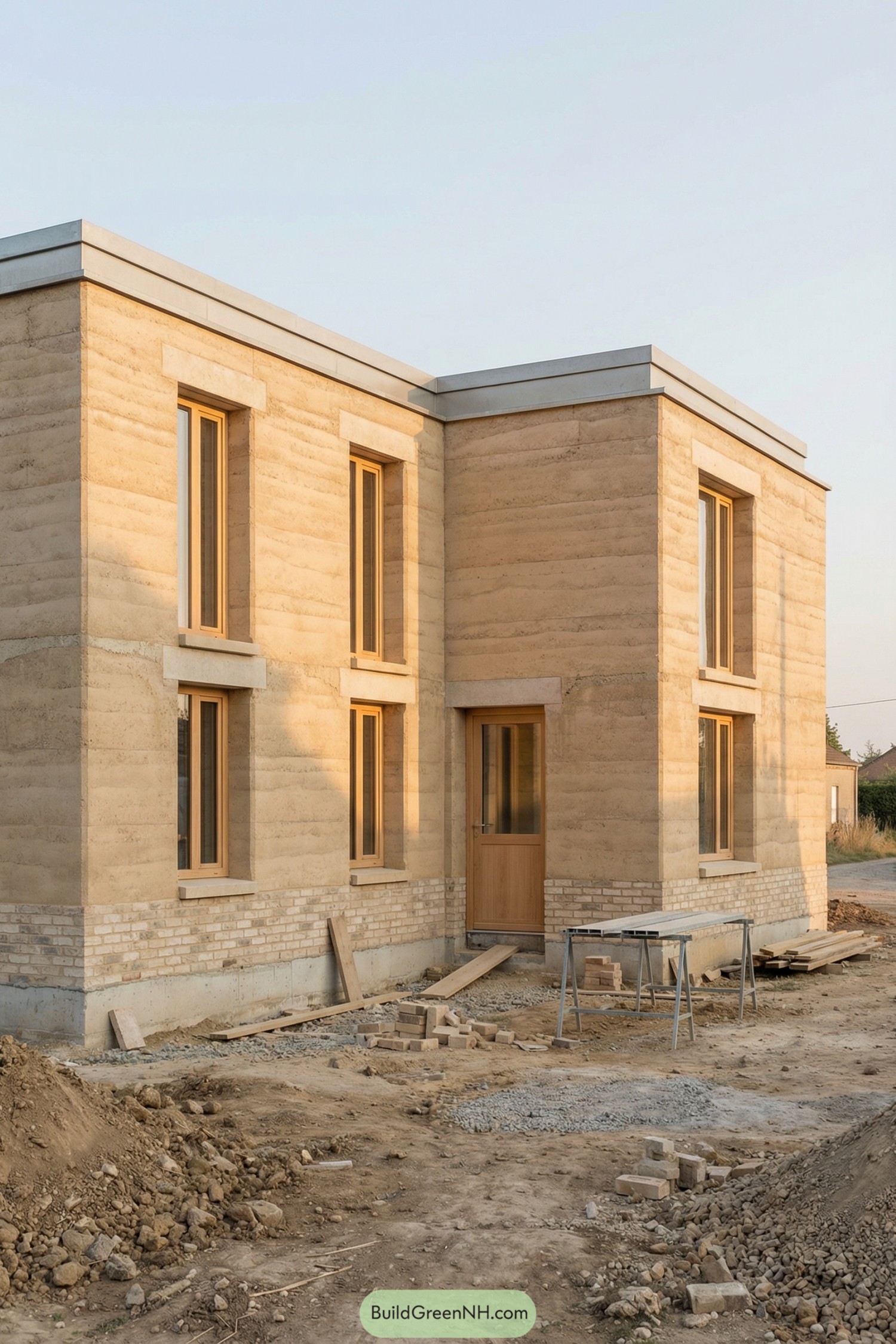 Two story rammed earth house with brick base and tall wooden windows at a construction site