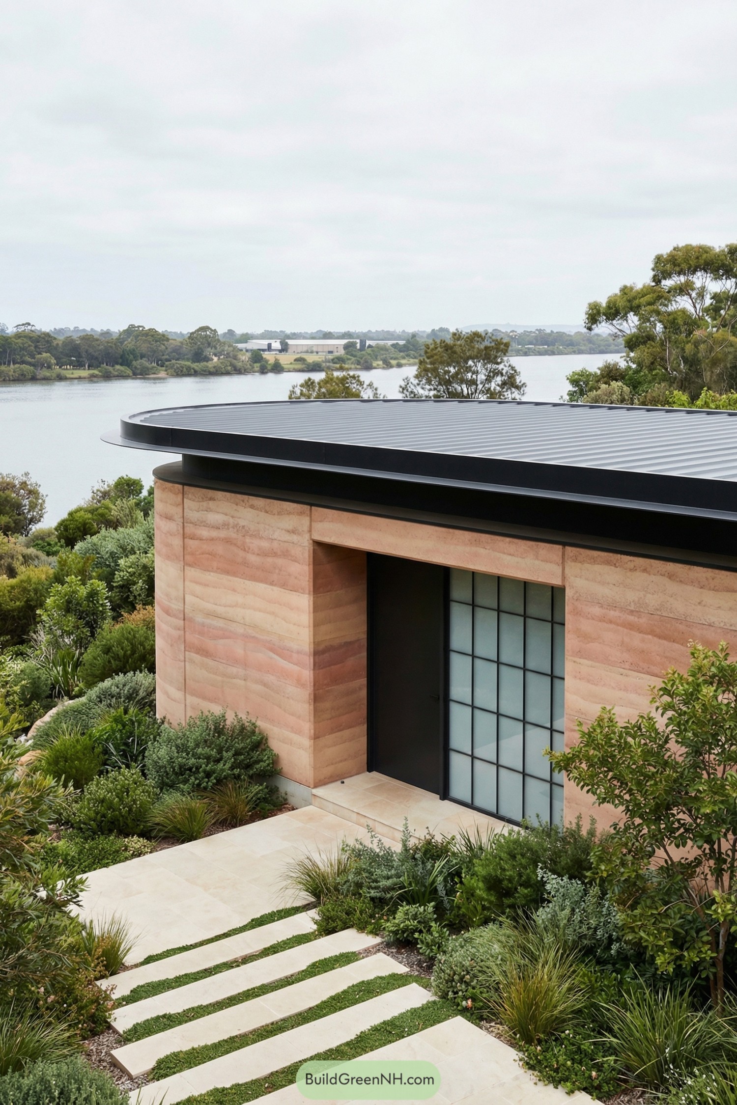 Rammed earth house with flat dark roof overlooking a lake and lush stepped garden path