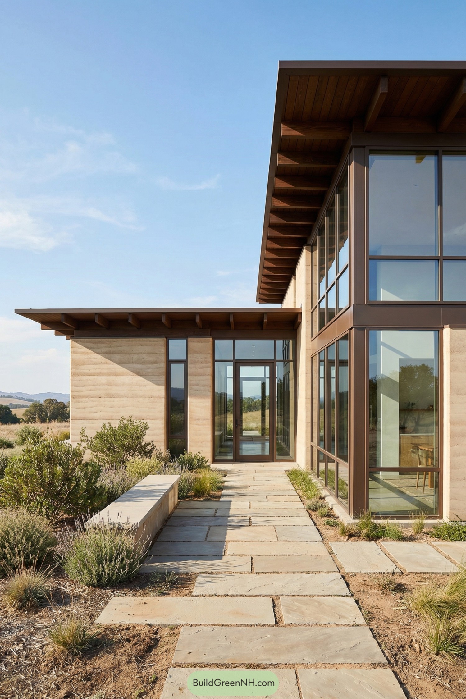 Contemporary rammed earth home with tall glass walls and a stone path entry in a dry grassland landscape