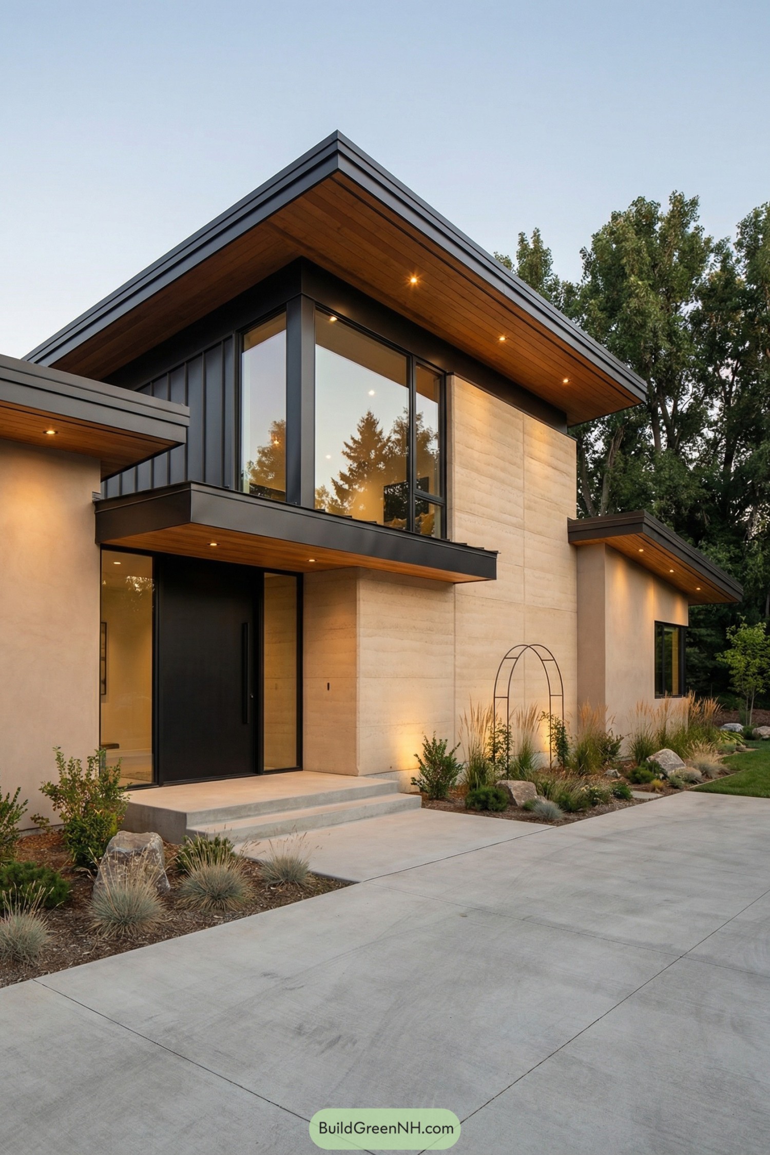 Contemporary rammed earth home with black metal accents and large glass windows