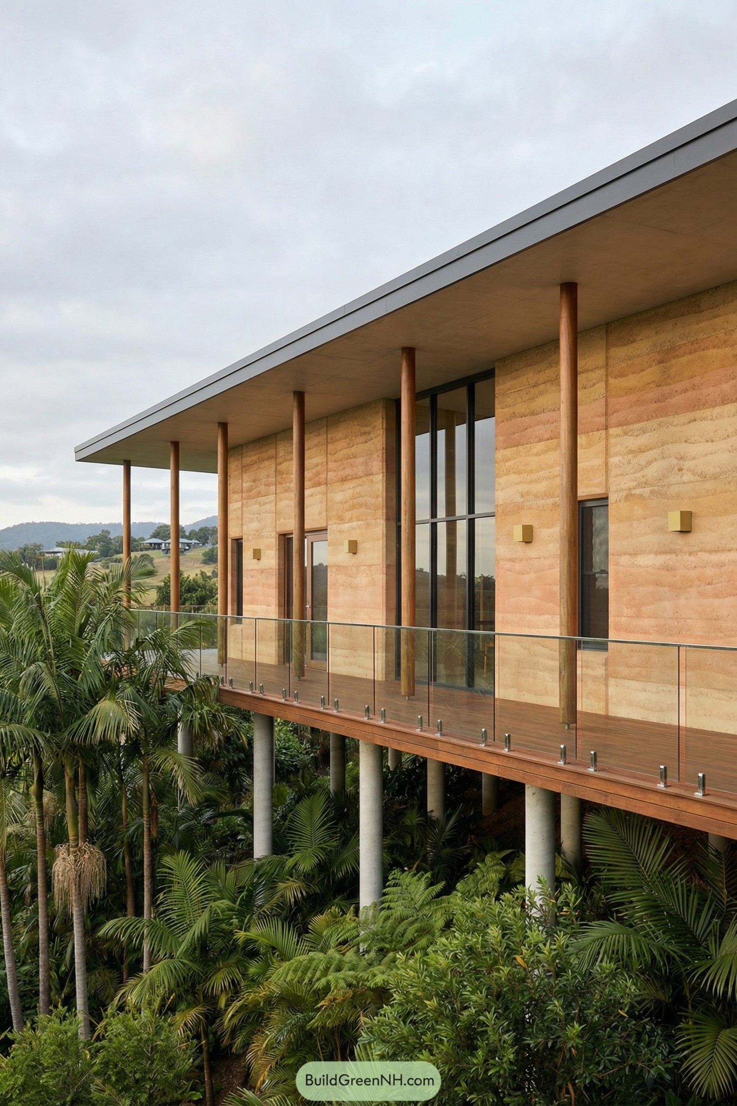 Stilted rammed earth house with glass-fronted balcony above lush greenery