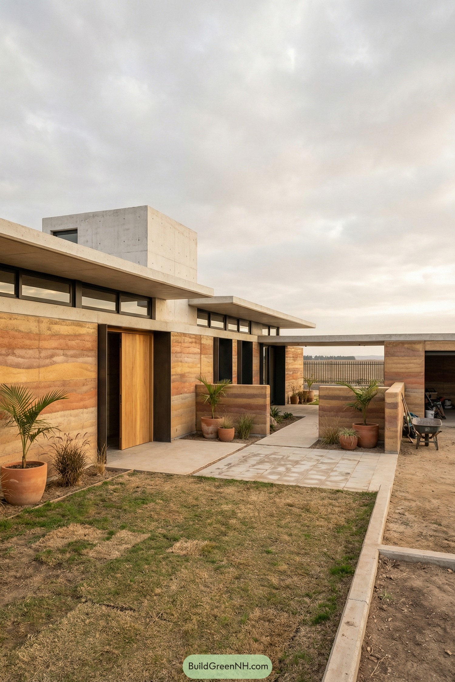 Rammed earth modern home with flat roof and courtyard entry