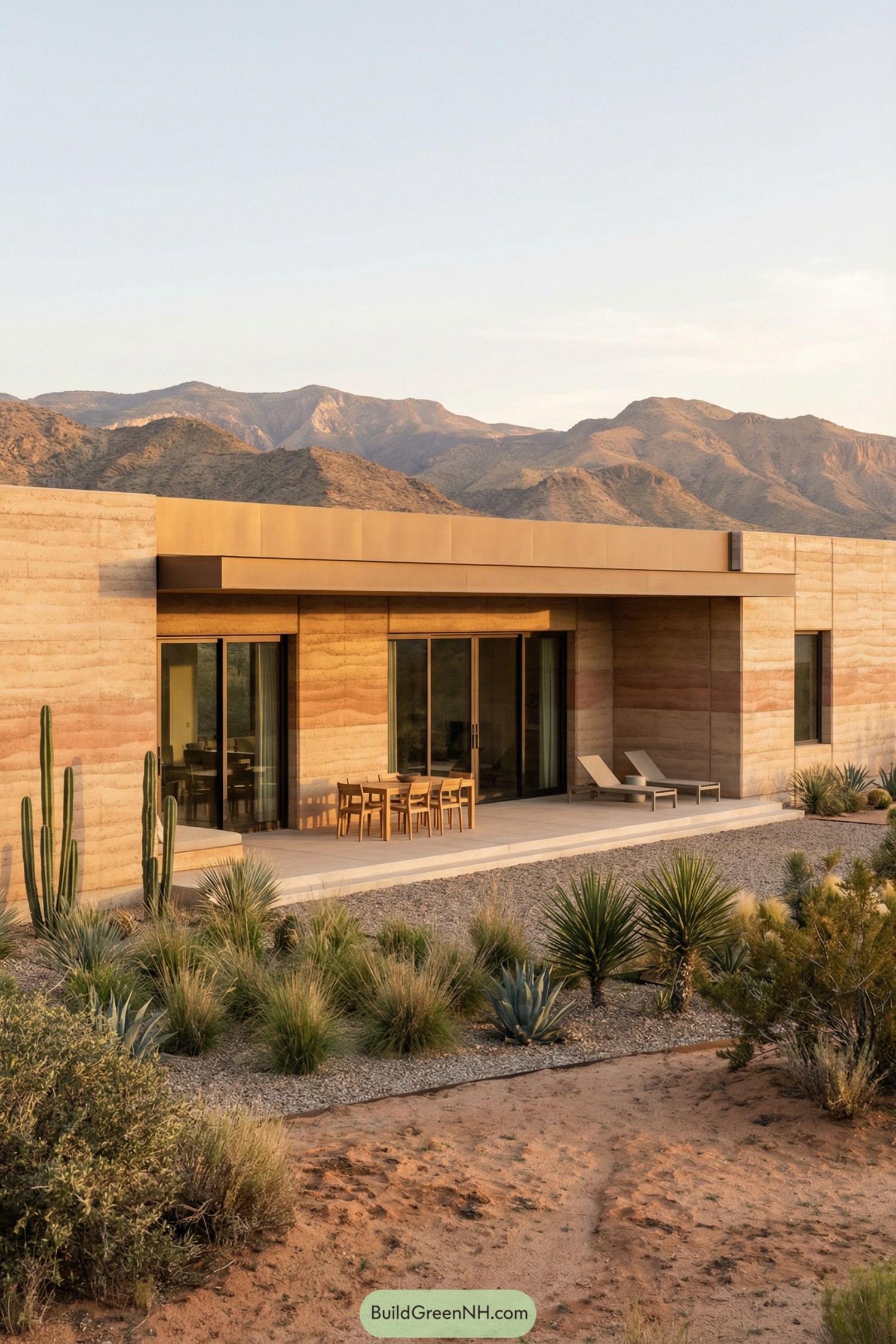 Modern rammed earth home with desert landscaping