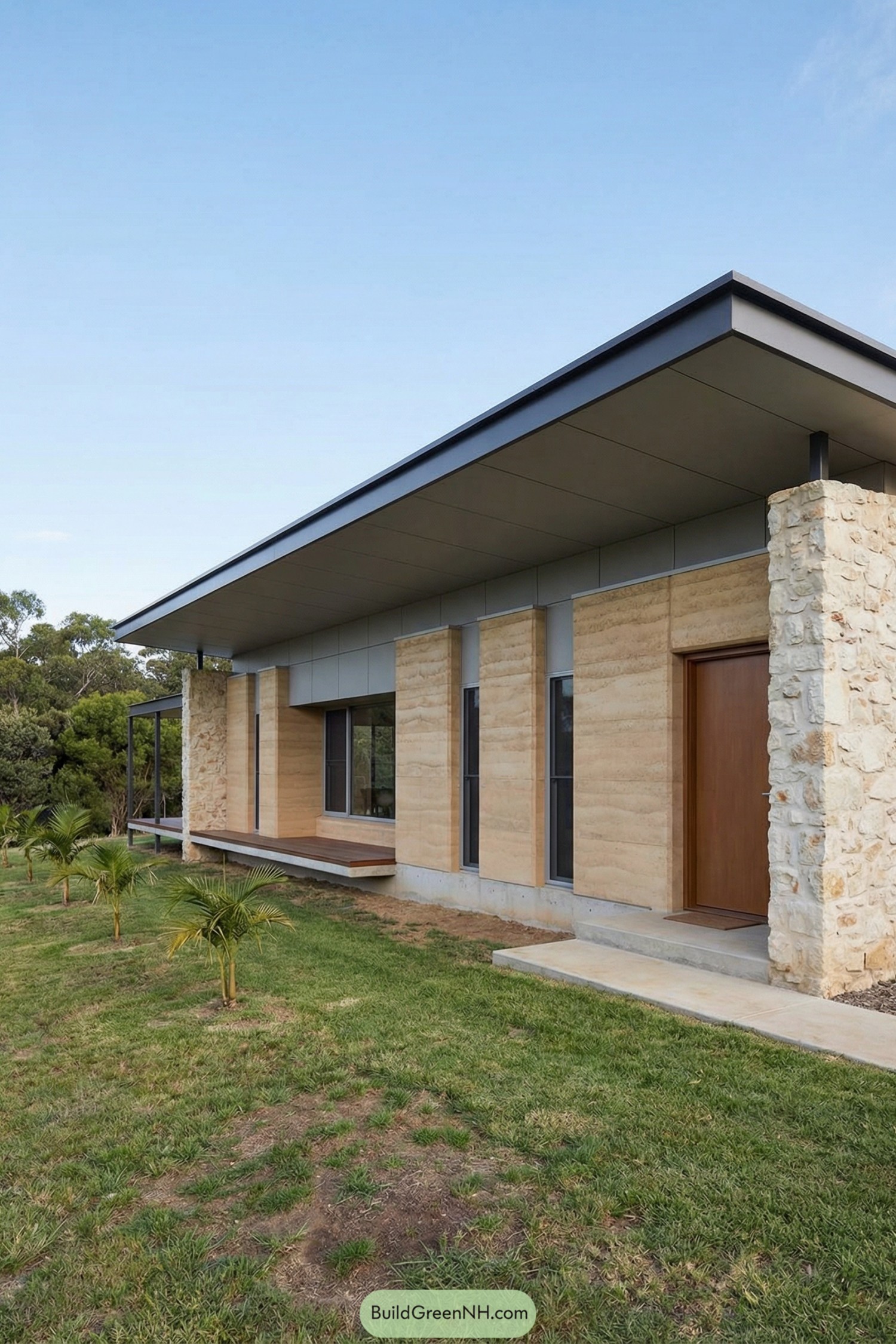 Modern rammed earth house with long flat roof and stone accents in a grassy landscape