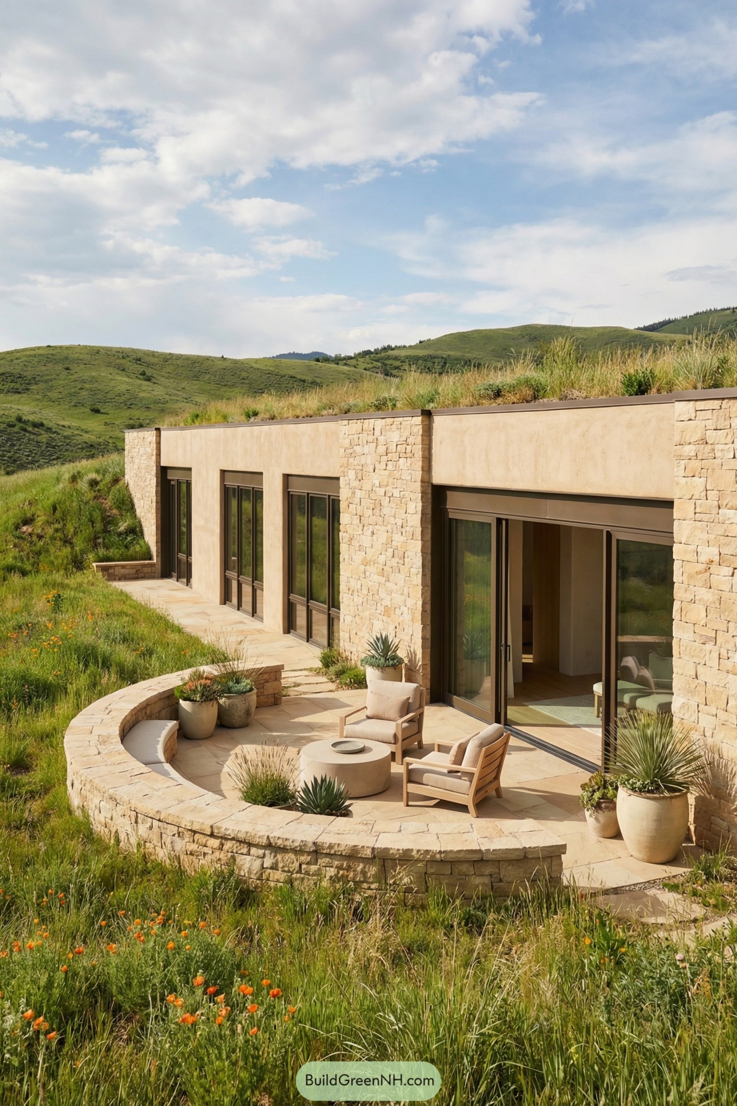 Earth-sheltered stone home with curved patio set into a grassy hillside