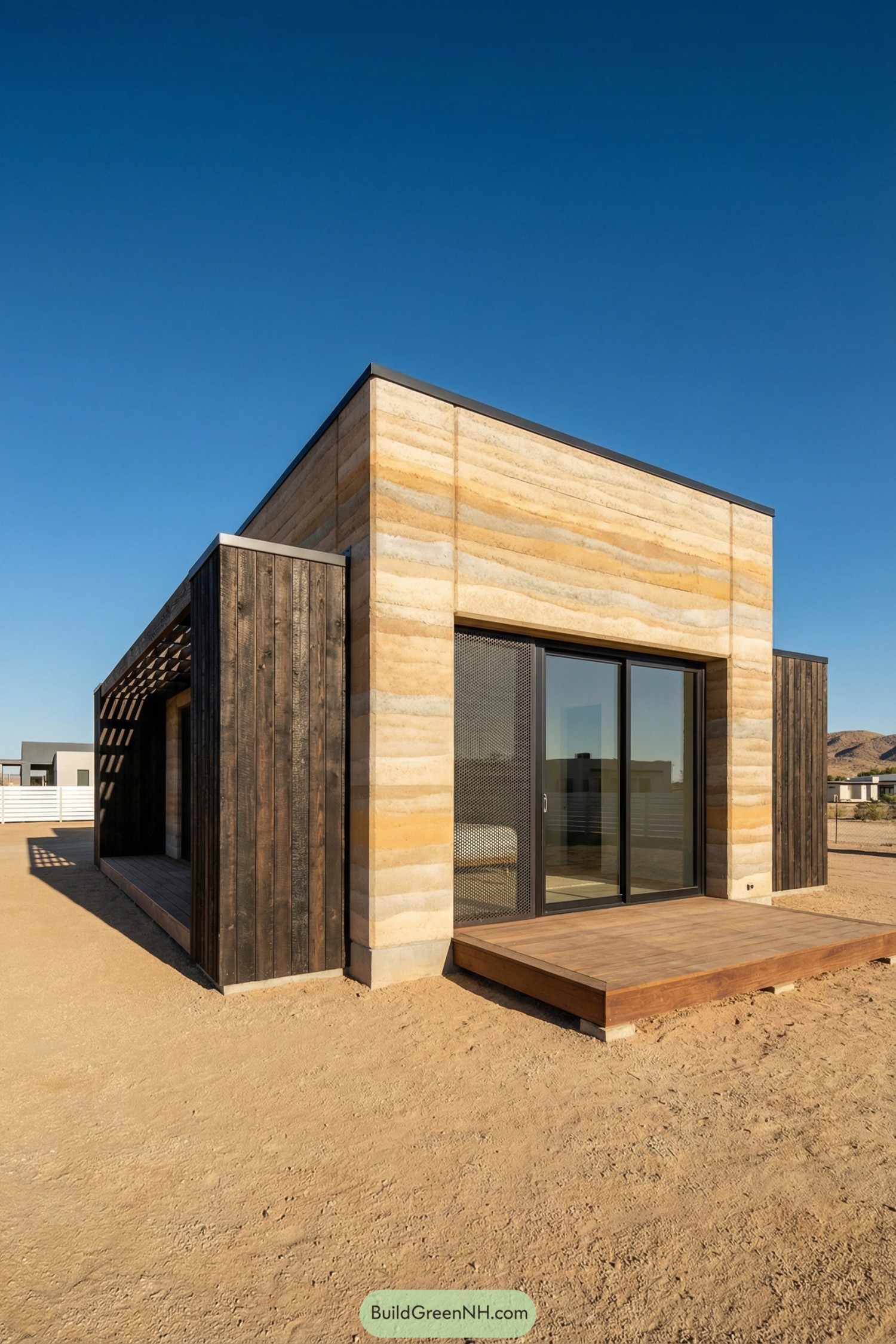 Compact rammed earth house with dark timber cladding and sliding glass doors in a sandy desert setting