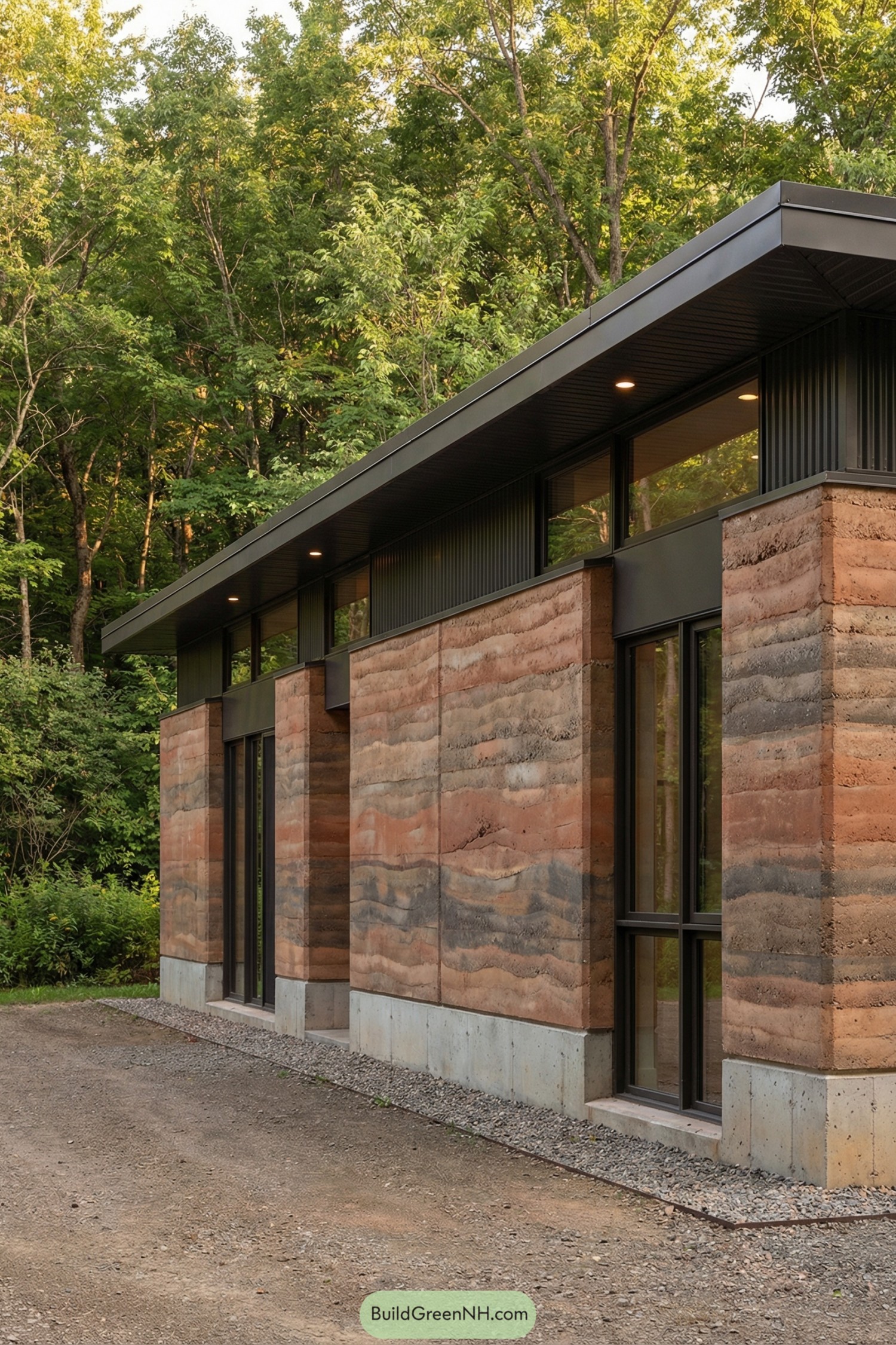 Rammed earth house with layered walls and sleek roof set in a forest