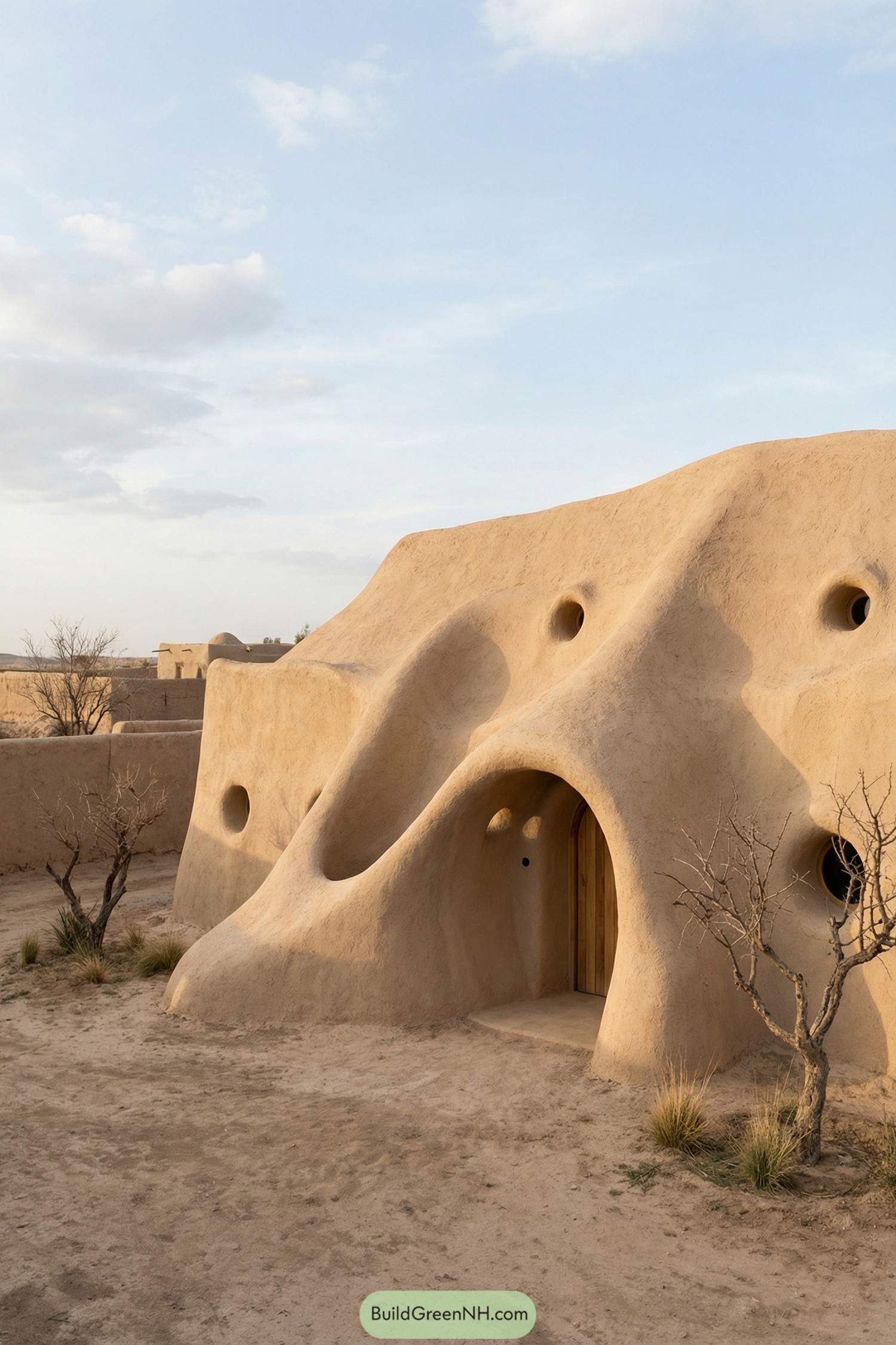 Organic sandy colored earthen house with sculpted curves and round openings in an arid landscape