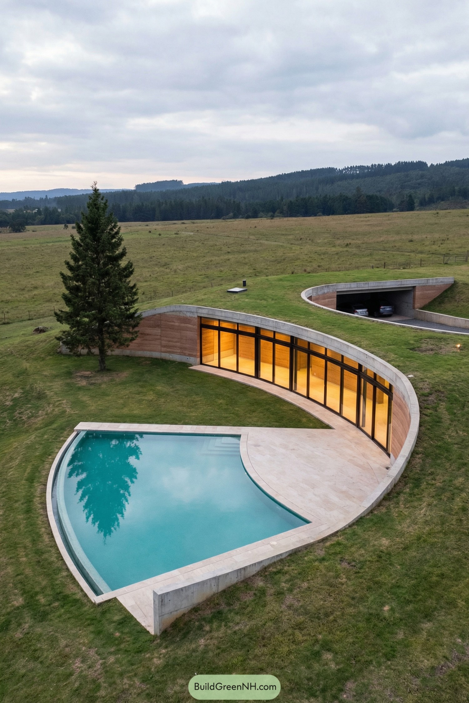 Curved earth sheltered house with glass wall and crescent pool in open countryside