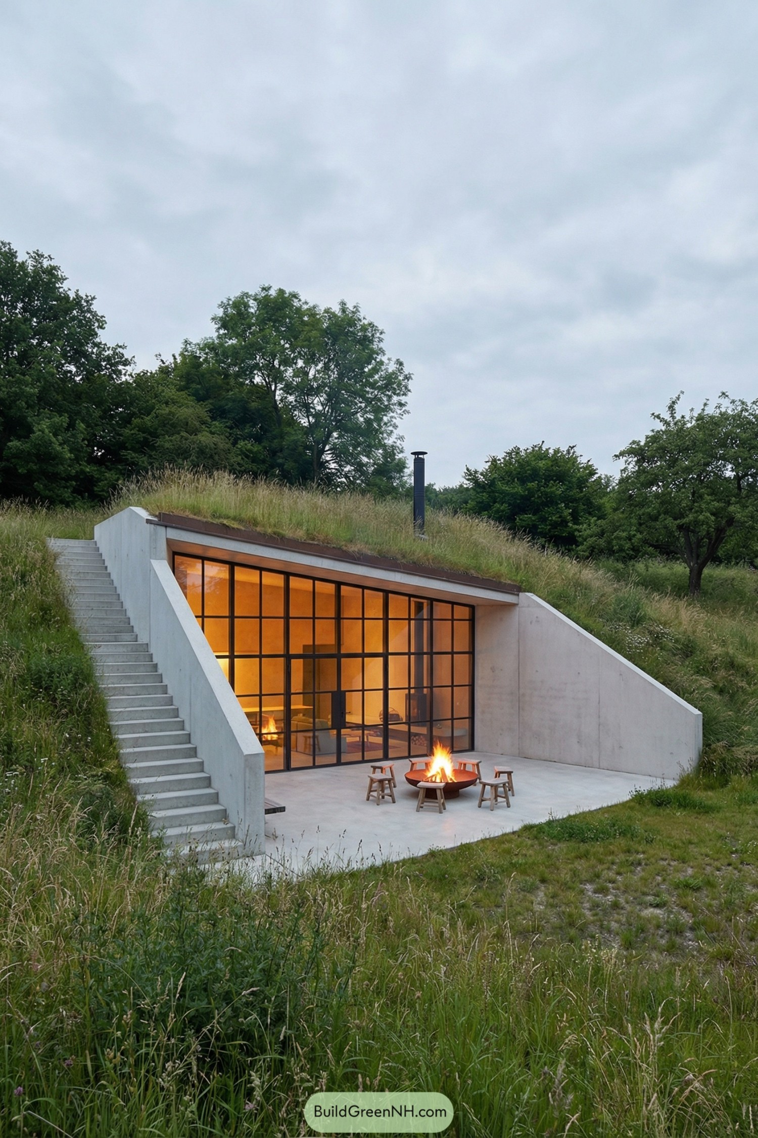 Concrete hillside home with large glass facade and sunken patio fire pit