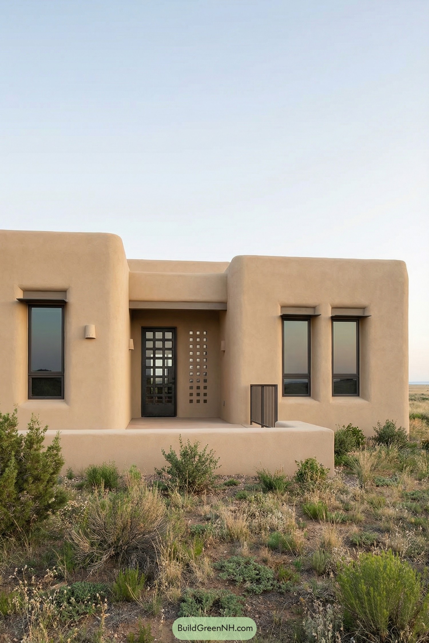 Single-story adobe house with smooth sand-colored walls and dark framed windows in open scrubland