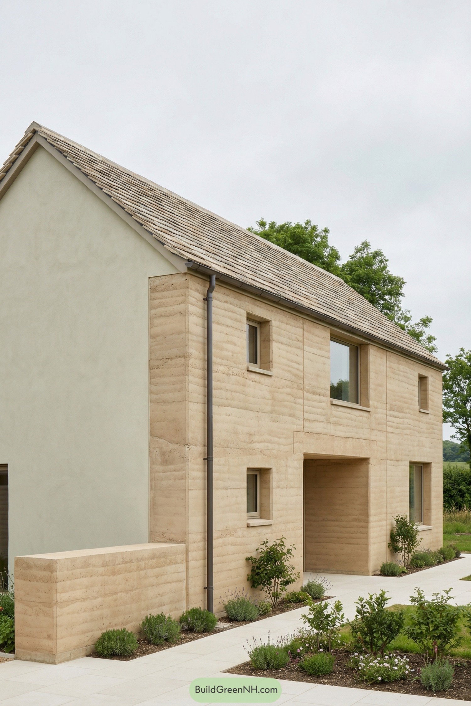 Two story rammed earth house with simple gable roof and light landscaping