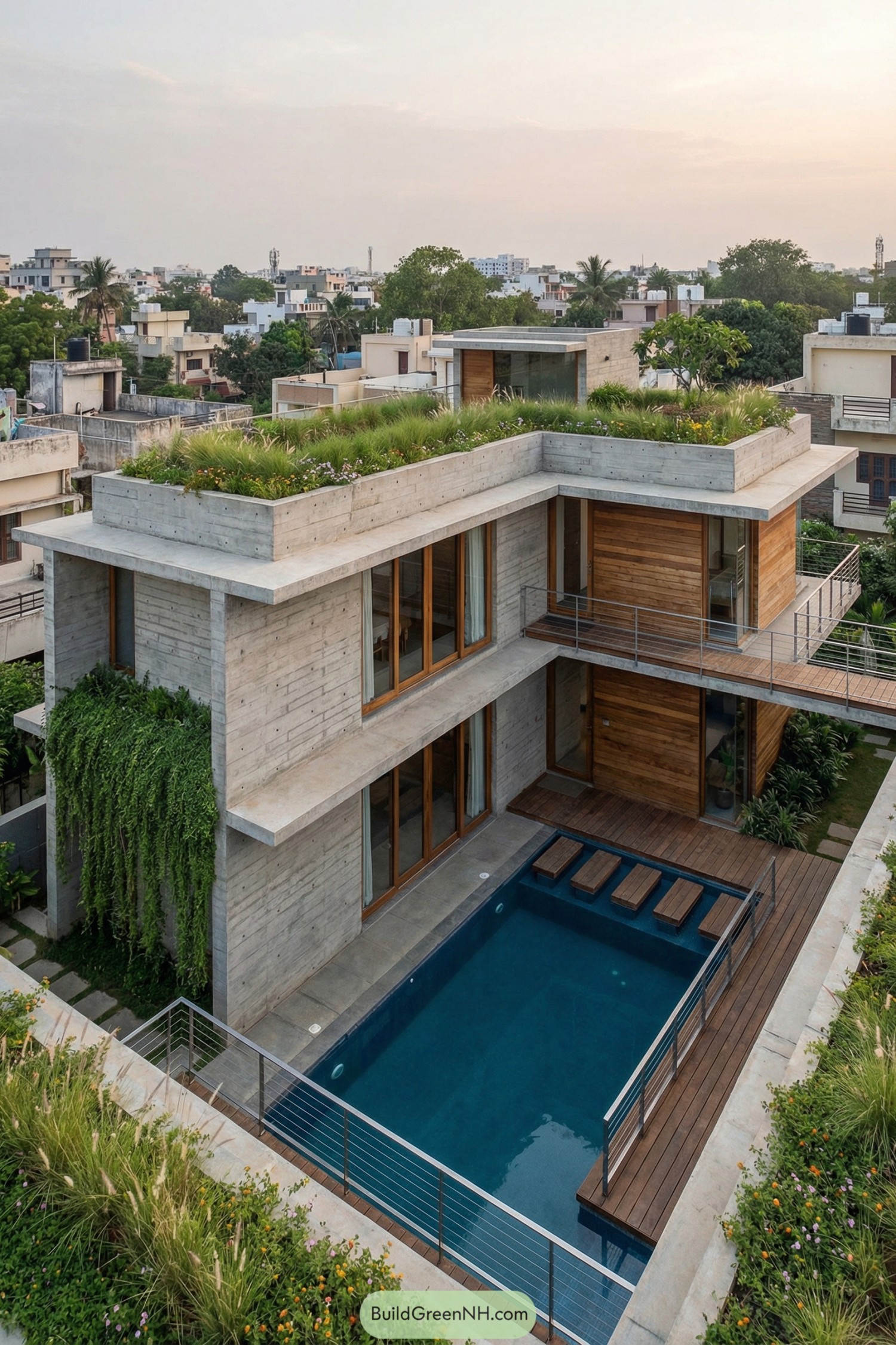 Concrete eco home with tiered green roofs and central lap pool in a dense urban neighborhood