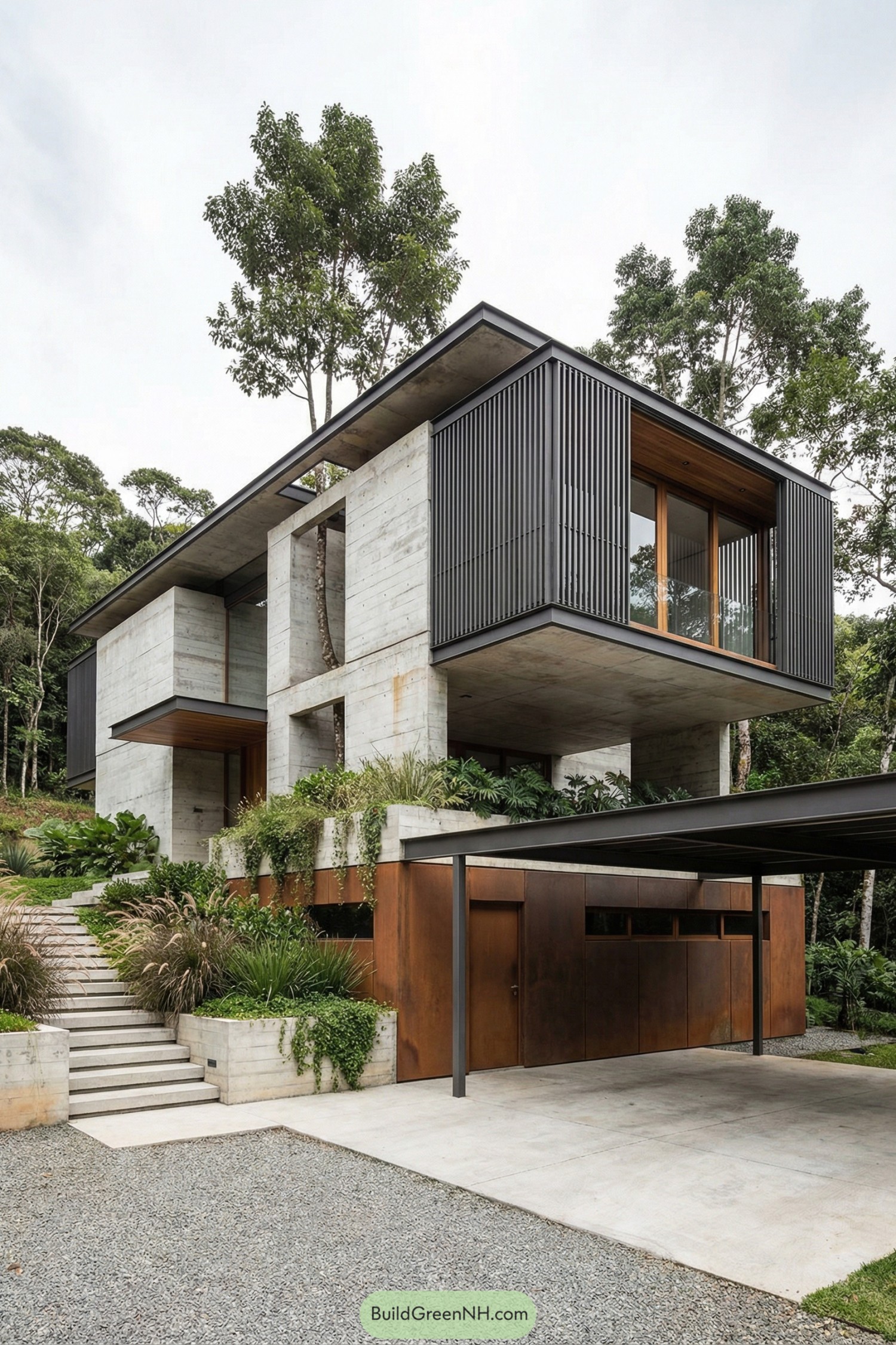 Eco brutalist house with layered concrete volumes, metal screens, and lush planting in a forest setting