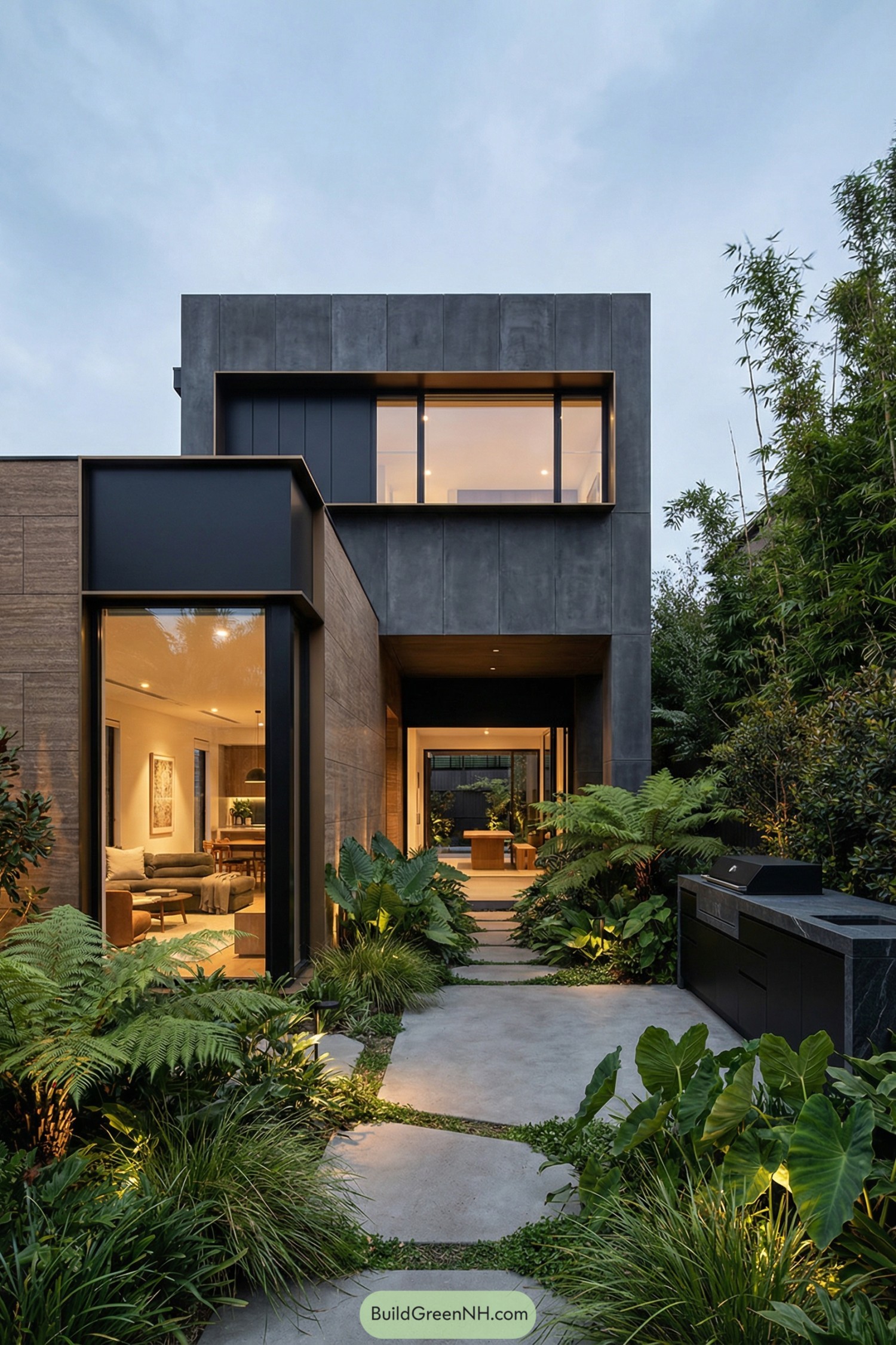Modern concrete house with large windows framed by lush tropical landscaping along a stepping stone path