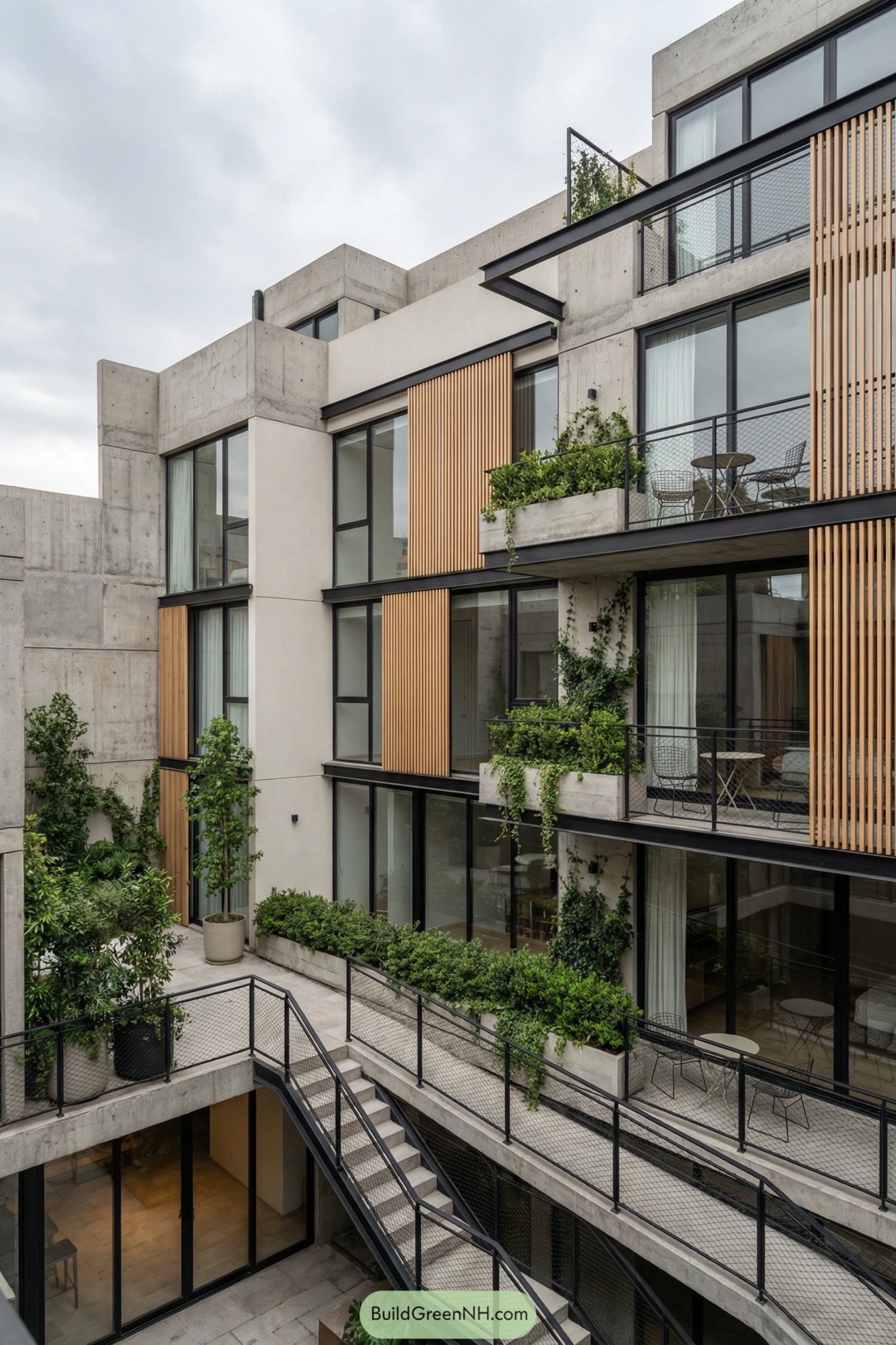 Multi level concrete courtyard residence with large windows greenery and wood slat accents
