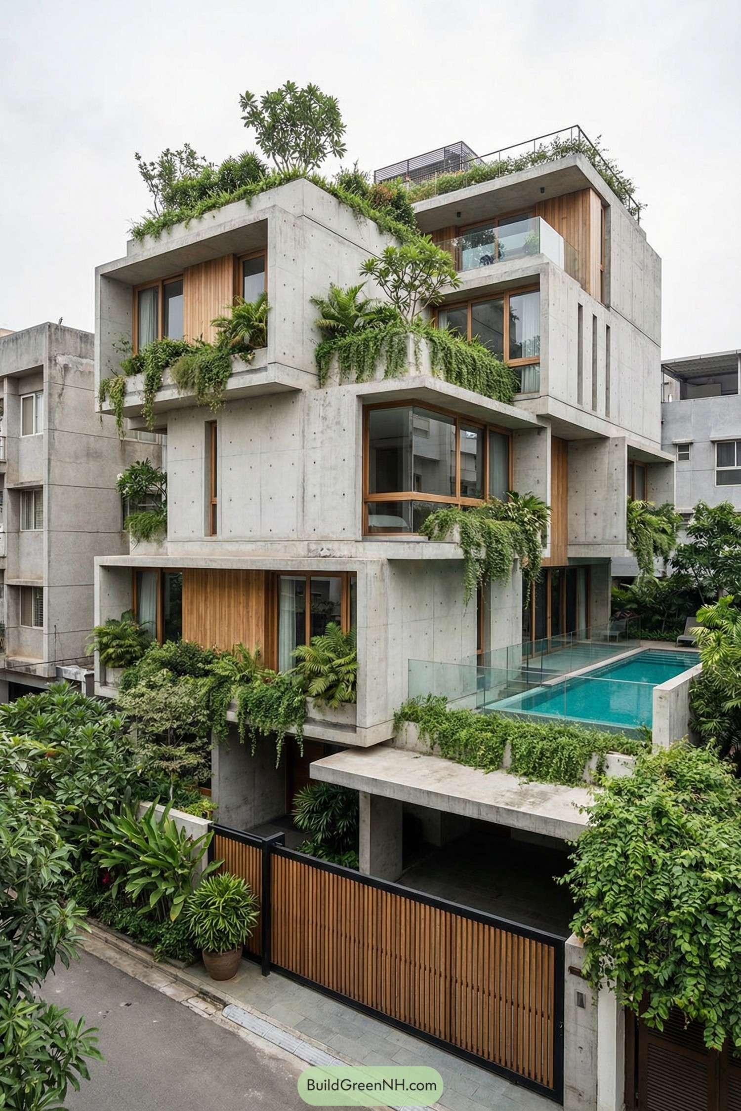 Multi level concrete home with lush greenery and pool