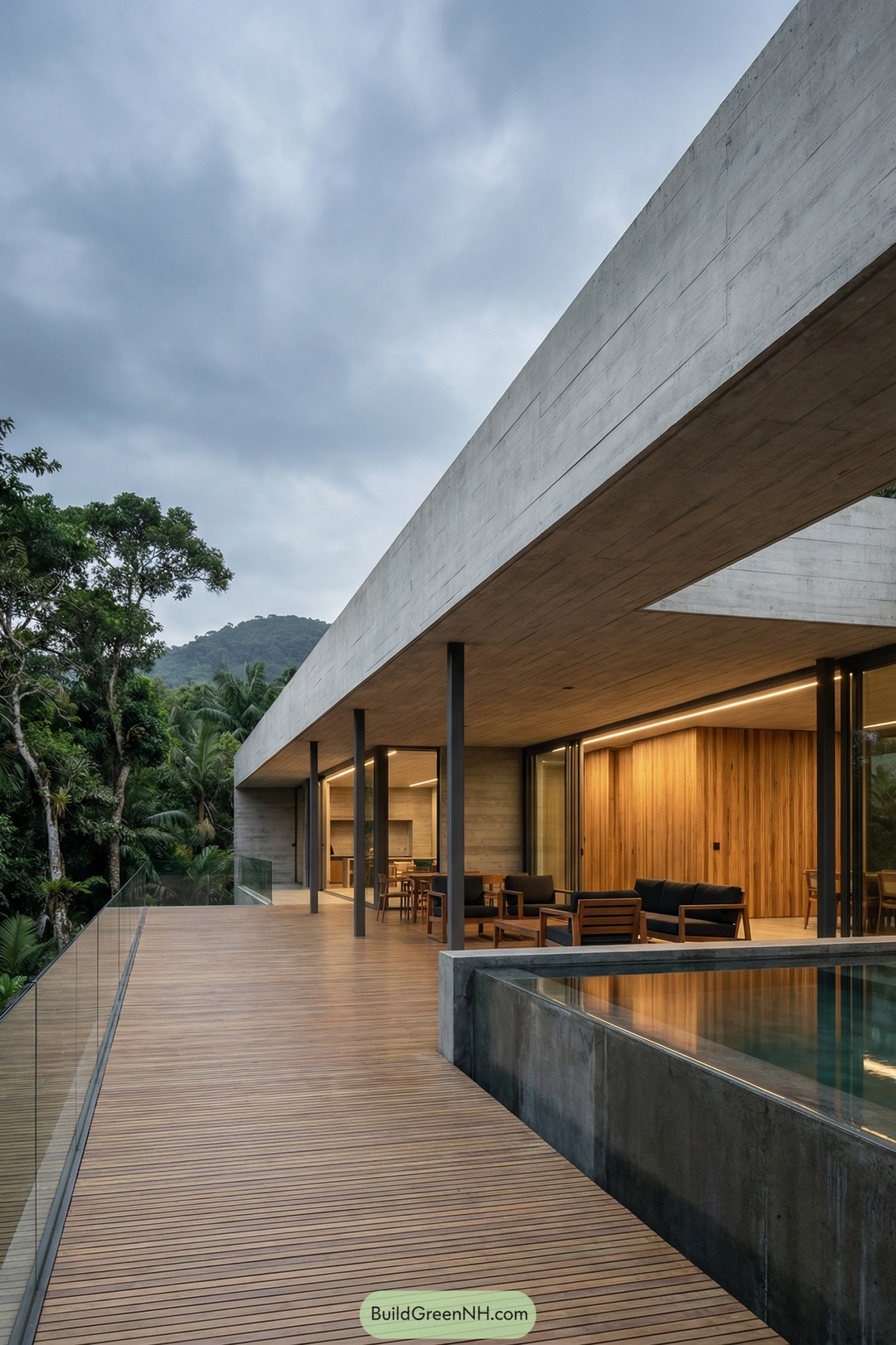 Long concrete house with wood deck facing jungle and pool