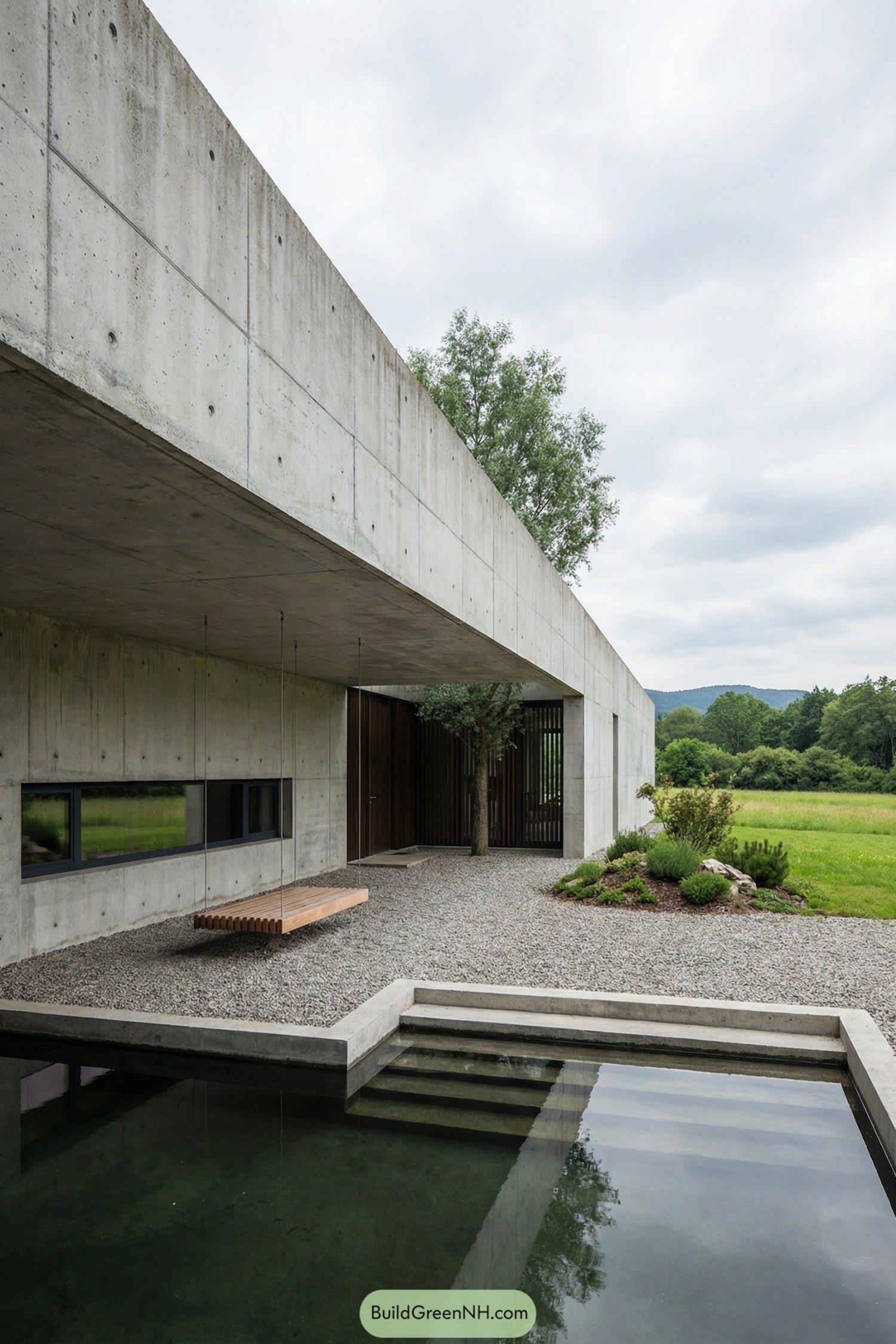 Concrete house with cantilevered roof over gravel courtyard, wooden swing, and reflecting pool opening to green meadow
