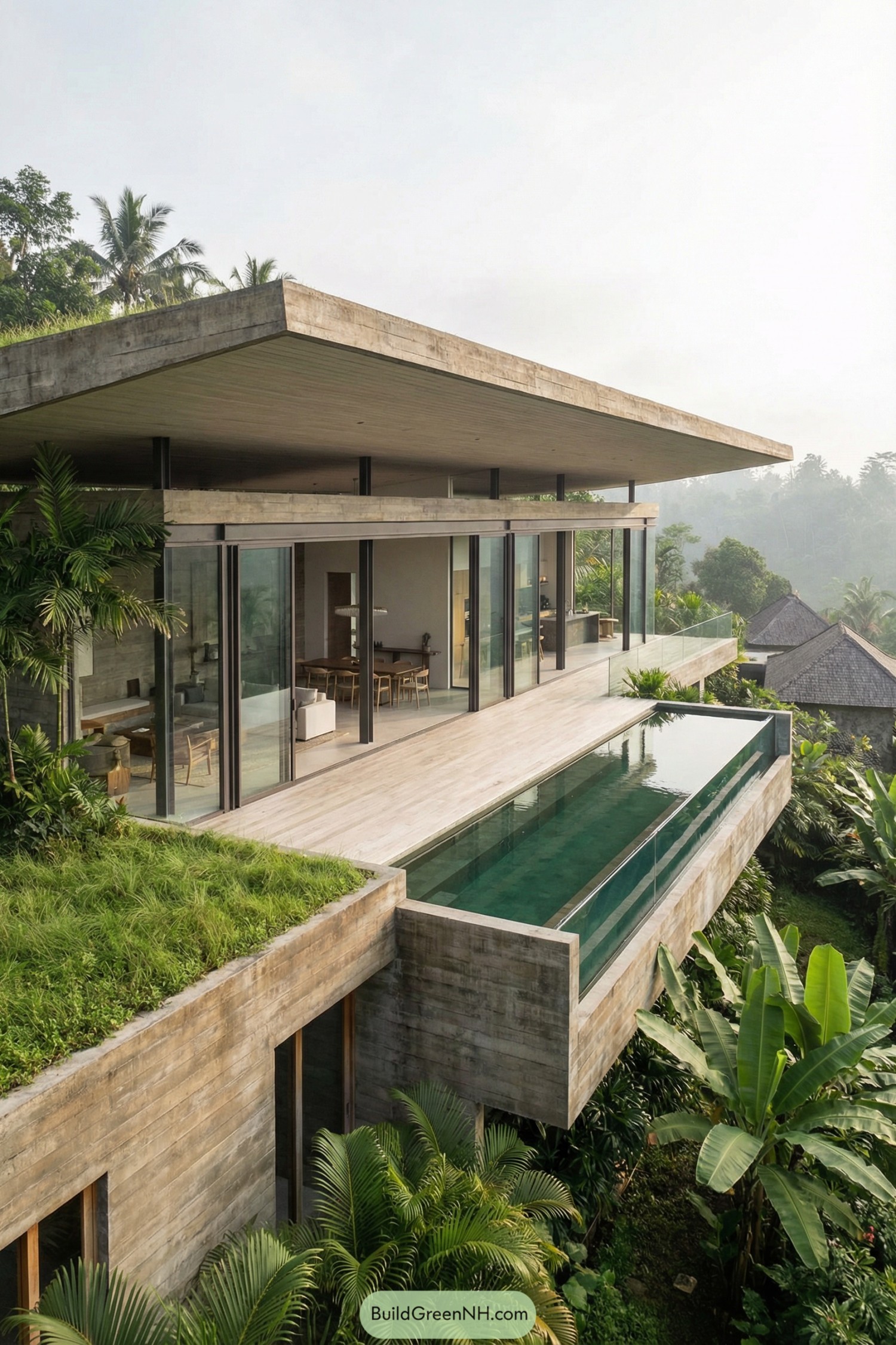 Concrete villa with rooftop garden and pool