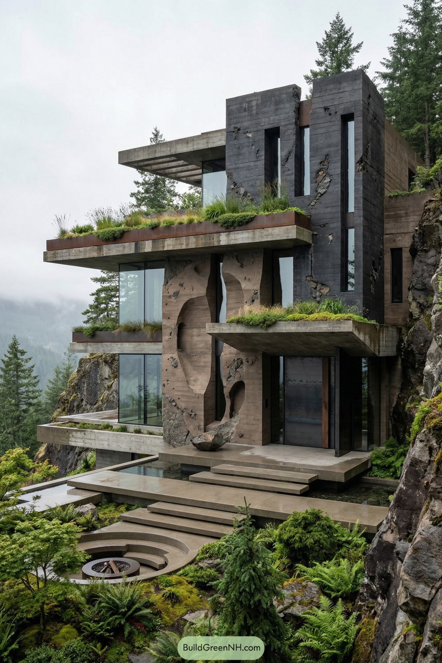 Concrete cliffside home with carved walls and lush rooftop greenery