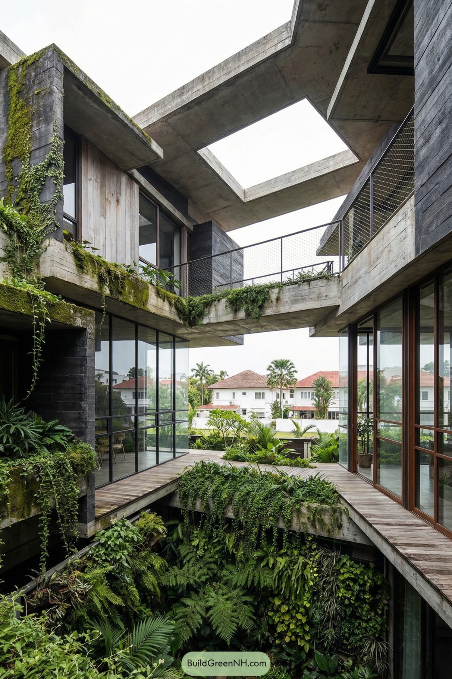Concrete courtyard house with lush cascading greenery