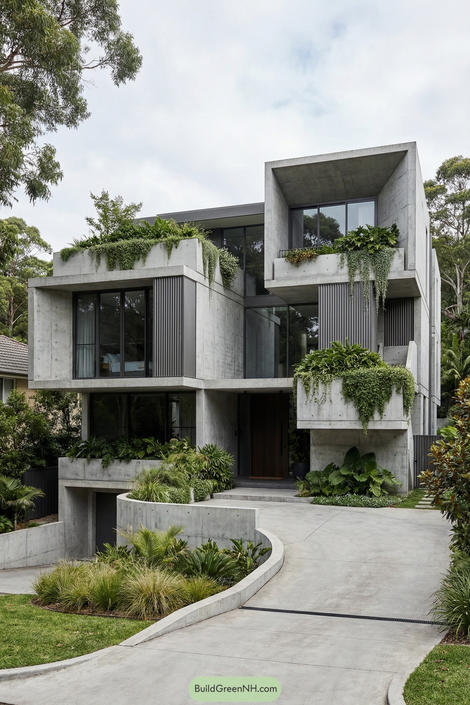 Concrete eco house with stacked terraces and lush greenery