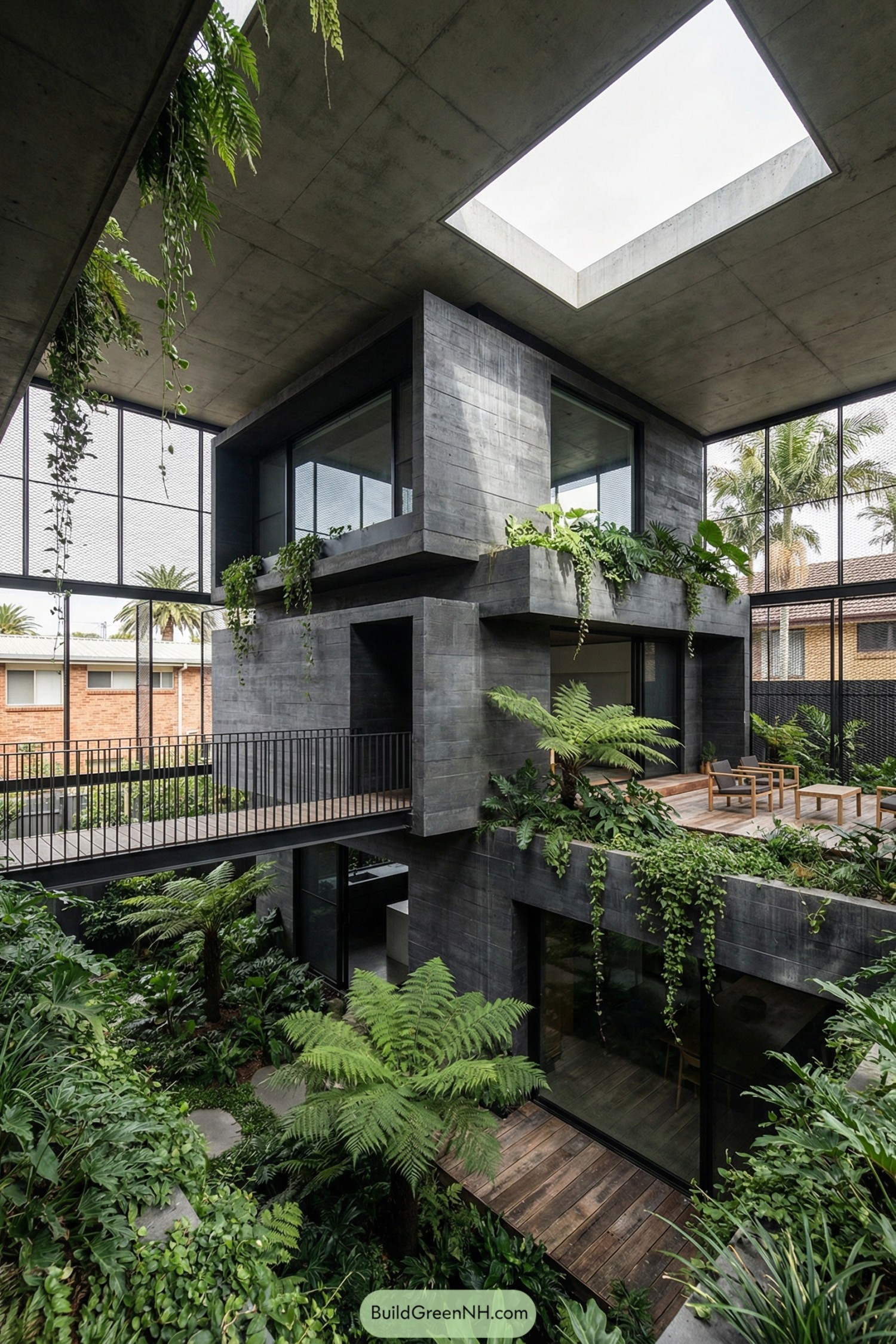 Multi-level concrete home wrapped in lush greenery