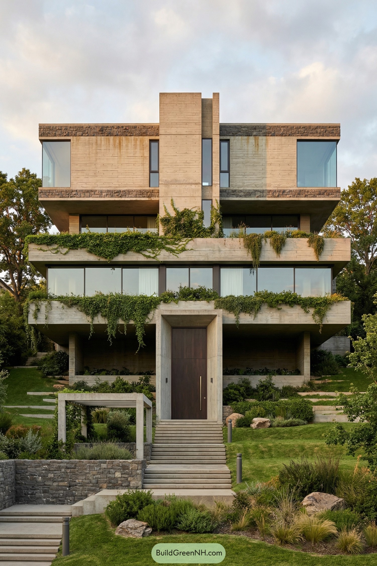 Multi level concrete house with layered terraces and cascading plants