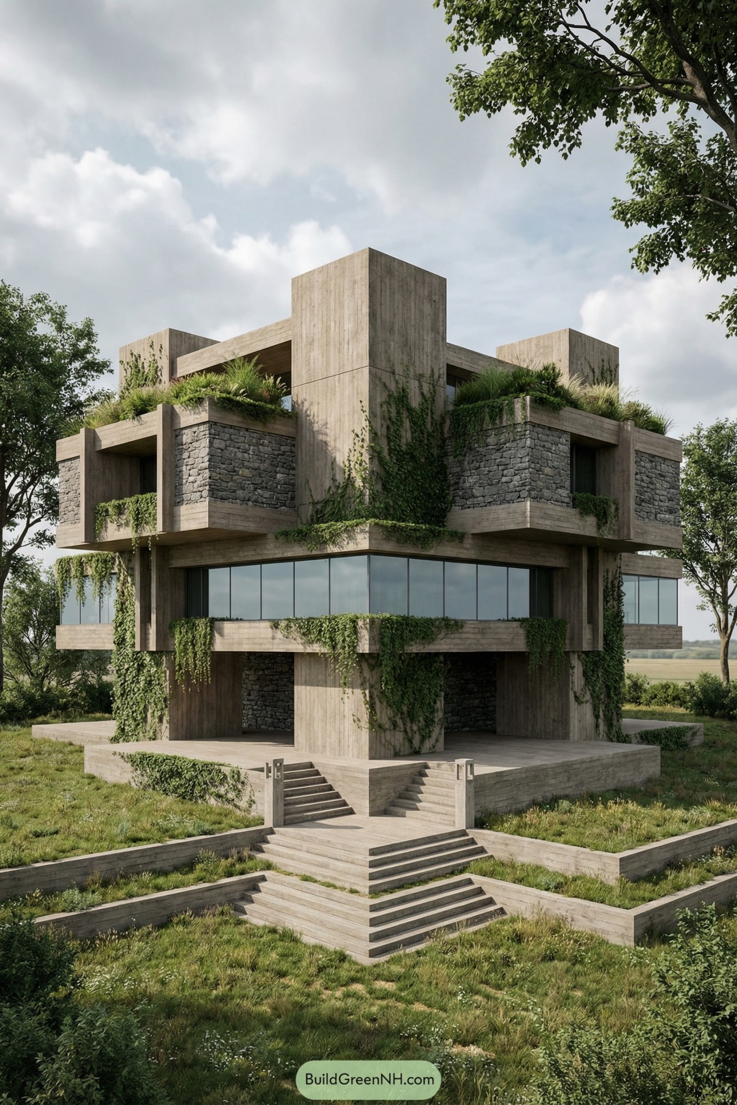 Concrete and stone eco brutalist house wrapped in greenery and tiered steps