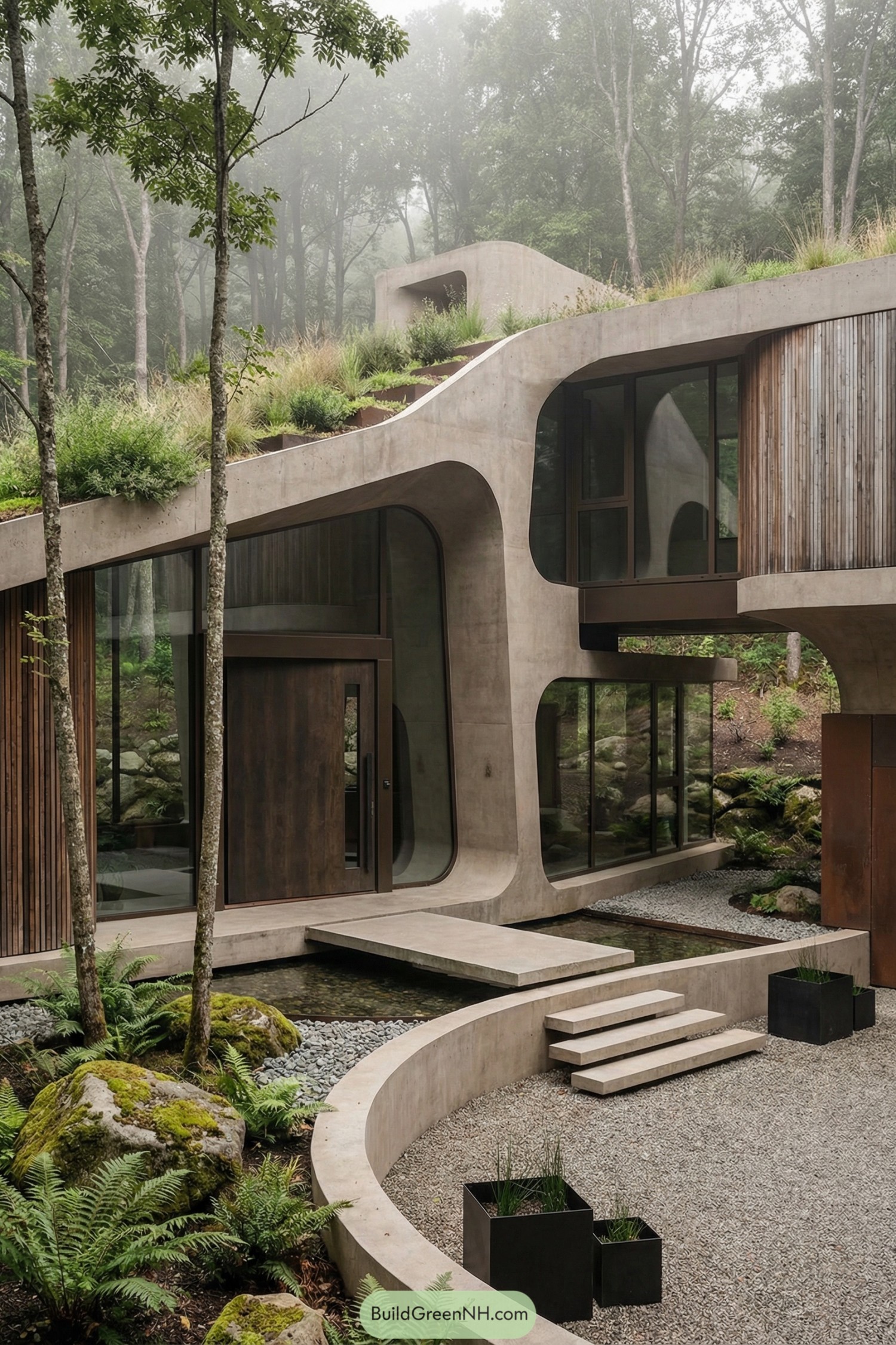 high-res photo of eco brutalist house, monolithic organic facade with sculpted cavern-like voids and overhangs, exposed smooth concrete with softly eroded curves and recessed vertical fins, muted palette of light warm-gray concrete with dark bronze metal trims and natural weathered wood accents, asymmetrical multi-level structure with flowing volumes carved into rounded openings and cantilevered terraces, primary materials cast-in-place concrete, corten steel panels, vertical timber slats and frameless structural glass, flat stepped green roof with wild grasses and low shrubs integrated into the concrete edges, large floor-to-ceiling panoramic windows set into irregular oval and rectangular openings with ultra-thin dark metal frames, single oversized pivot entry door in dark timber with flush surface and narrow vertical glass slit, exterior circulation formed by floating concrete steps, a narrow concrete bridge and a low sculpted retaining wall that wraps a shallow reflecting pool and pebble path, landscaping with native grasses, ferns, moss-covered boulders, slender trees emerging through circular roof cutouts and a small gravel courtyard with minimal black steel planters, surrounding environment of dense lush forest on a gentle slope with filtered light and distant trunks fading into light fog, scene in soft overcast daylight with subtle reflections on glass and water, single real-life photo, high-resolution, architectural photography, soft lighting, cinematic composition.