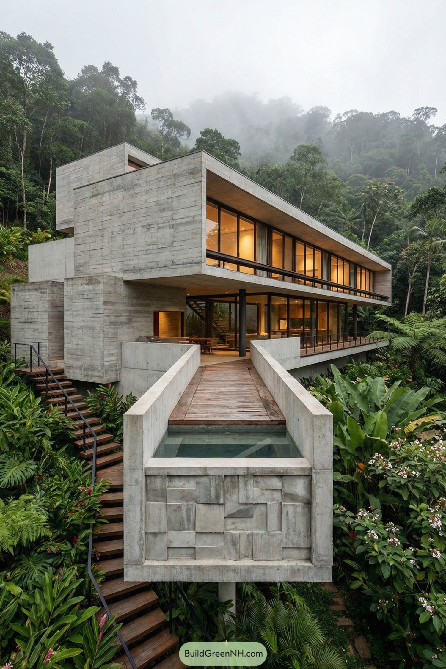Concrete house with long glass facade in lush jungle